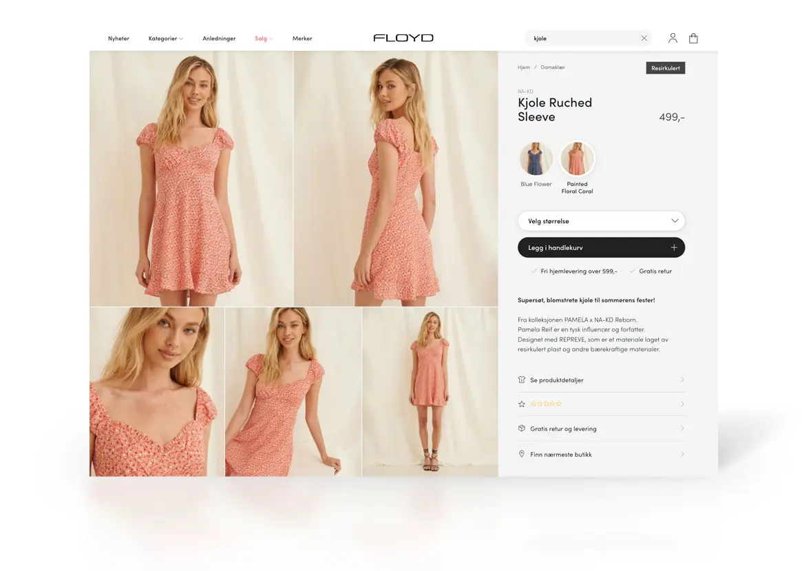 Floyd product page for a NA-KD floral dress showing five model photos, colour variants, size selector, and add-to-cart button.
