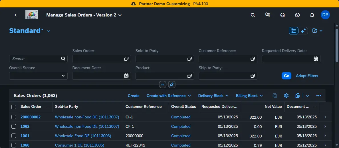 Manage Sales Orders interface in Pearl ERP showing a filtered table of completed orders with status, net value, and dates.