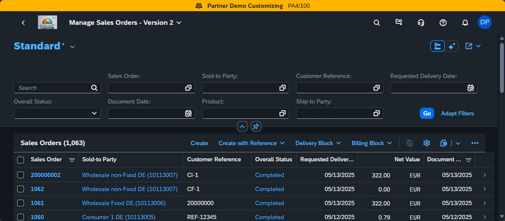 Manage Sales Orders interface in Pearl ERP showing a filtered table of completed orders with status, net value, and dates.