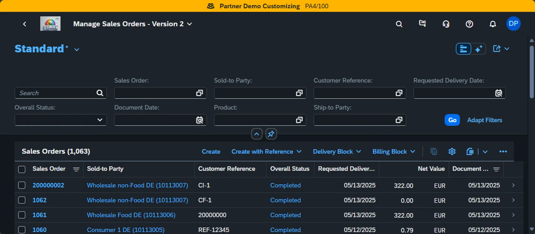 Manage Sales Orders interface in Pearl ERP showing a filtered table of completed orders with status, net value, and dates.