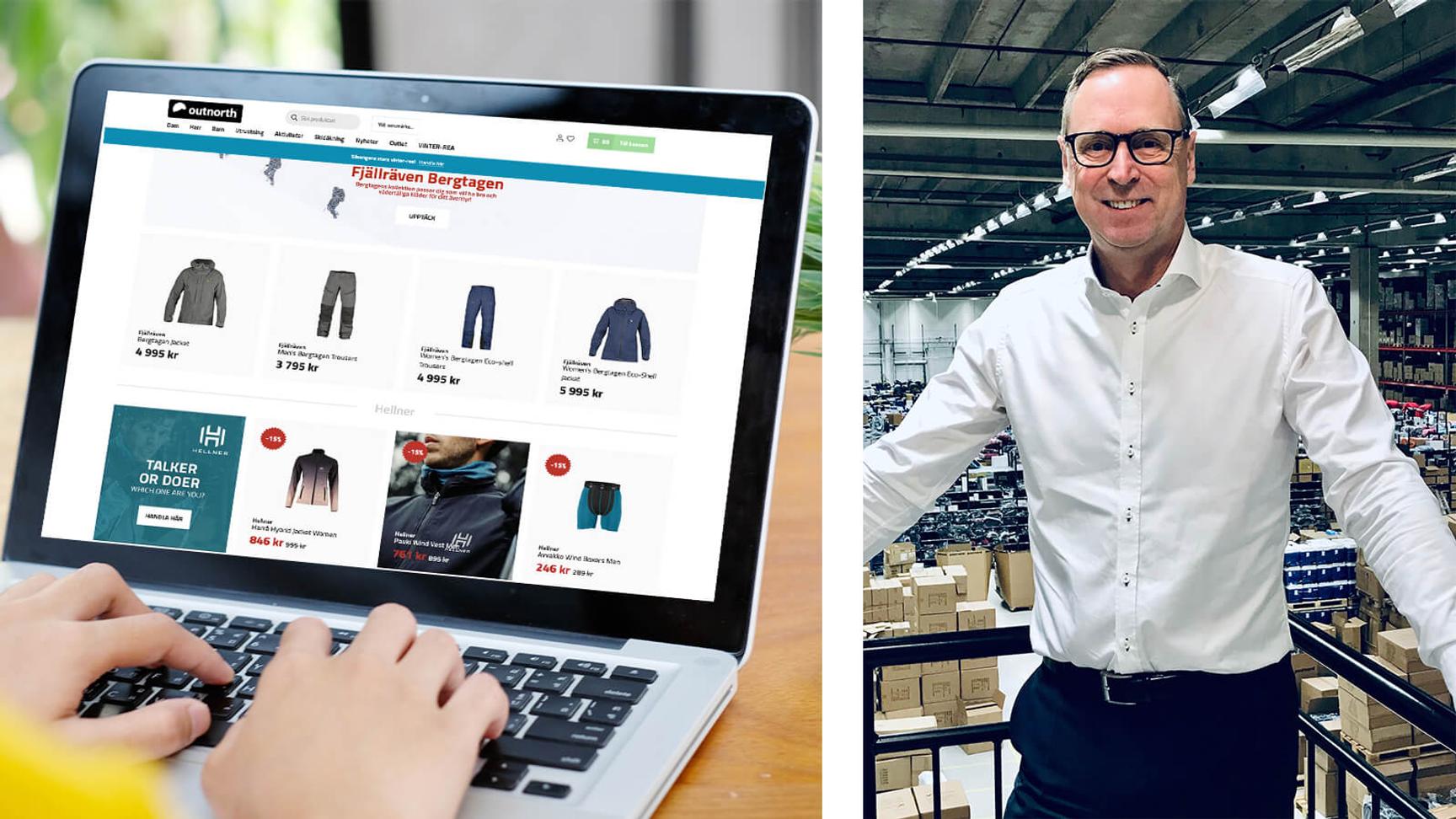 Outnorth e-commerce website on a laptop screen alongside a man in a white shirt standing in a large warehouse facility.