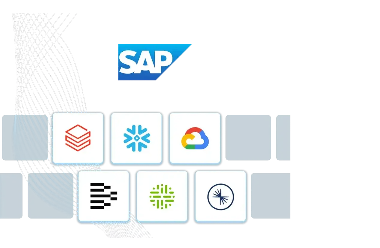 A graphic showing the SAP logo above seven tech logos, including Databricks, Snowflake, Google Cloud, Apache Kafka, and others, arranged in two rows on a digital-looking background.