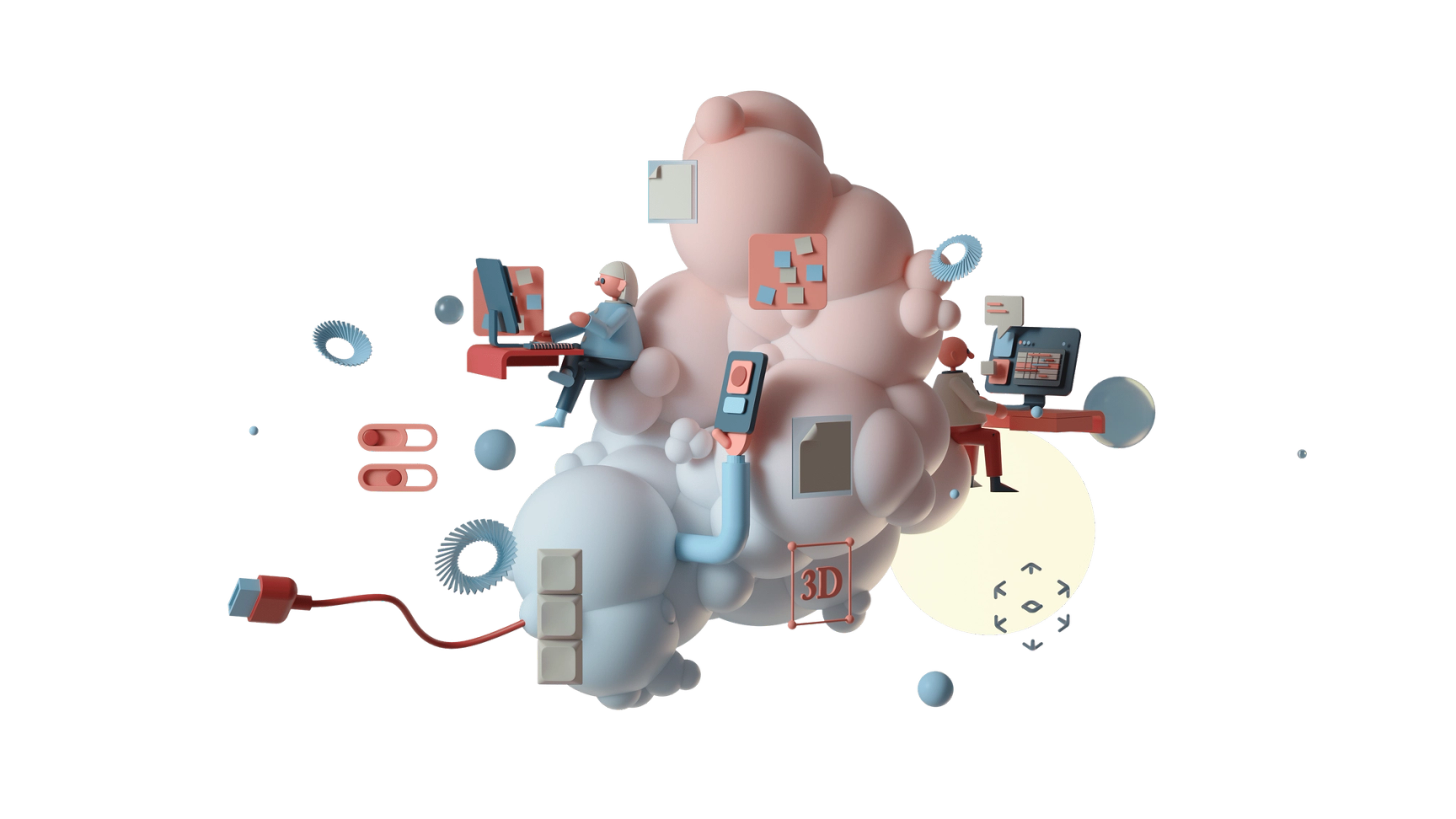 3D illustration of two figures working on computers atop abstract cloud shapes, surrounded by floating digital interface elements.
