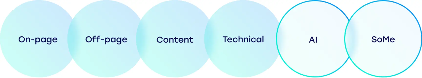 SEO On page, off page, content, technical, AI, SoMe