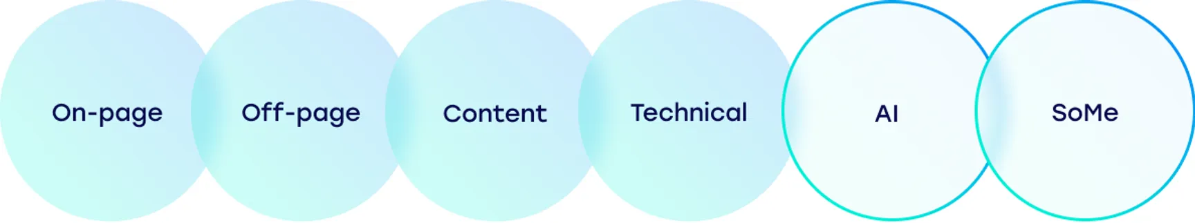 SEO On page, off page, content, technical, AI, SoMe