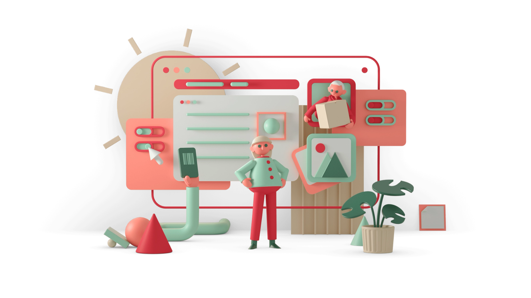3D illustration of two figures interacting with a digital interface, UI elements, and a delivery box on a dark background.