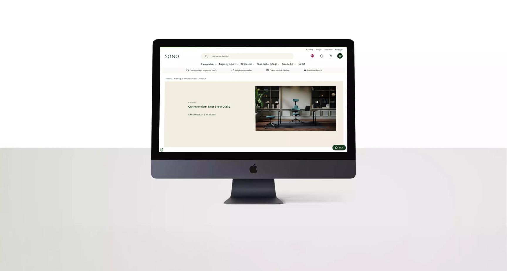 Sono webshop displayed on an iMac showing a blog article about best office chairs, with navigation and product categories visible.