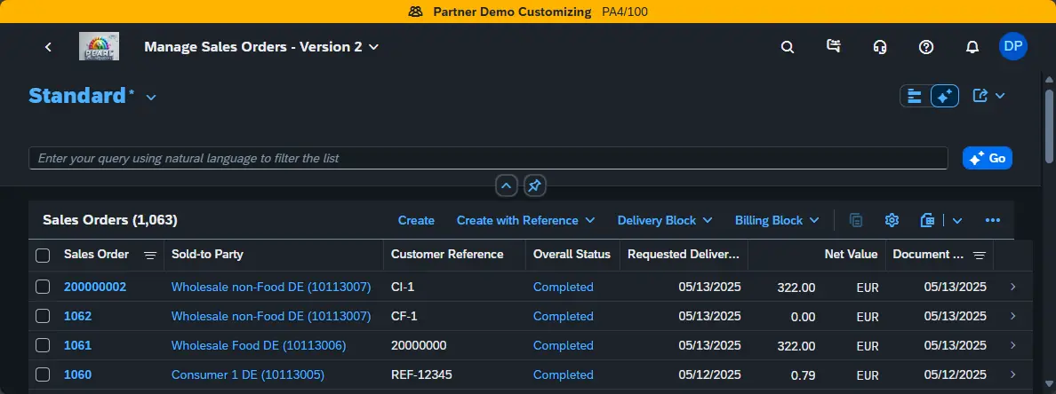 Manage Sales Orders interface in Pearl ERP with a natural language search bar and a list of completed sales orders.