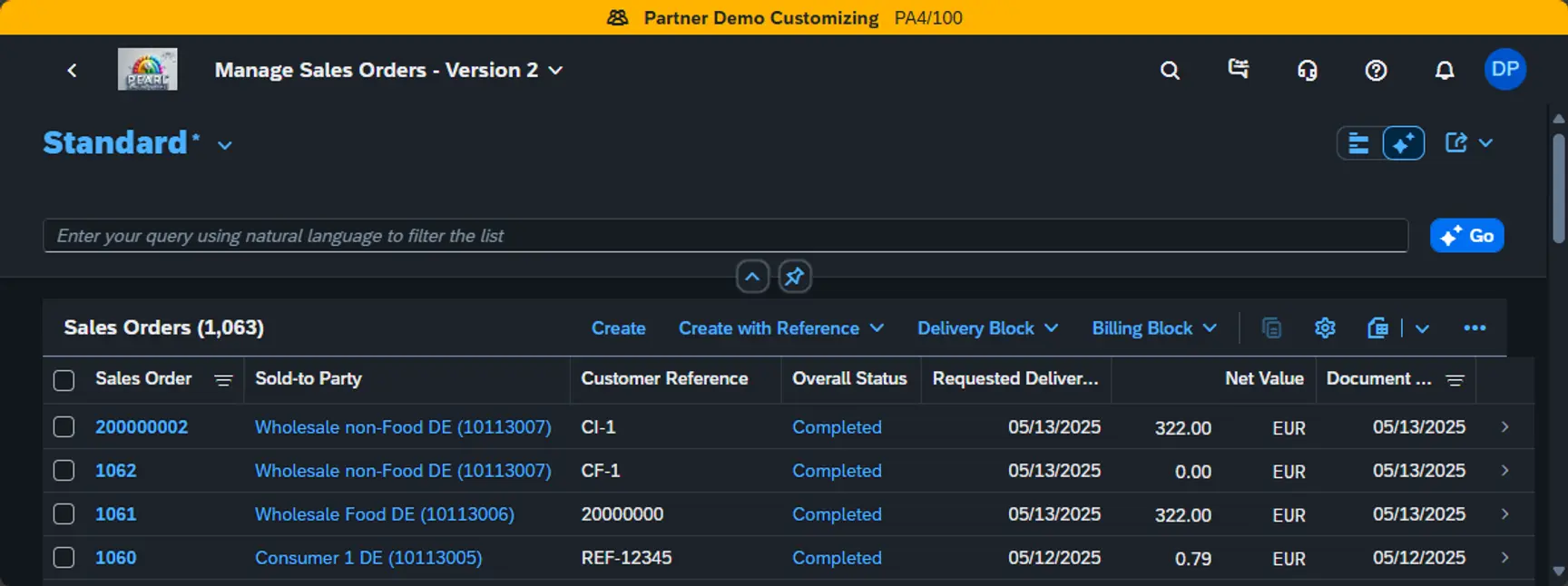 Manage Sales Orders interface in Pearl ERP with a natural language search bar and a list of completed sales orders.