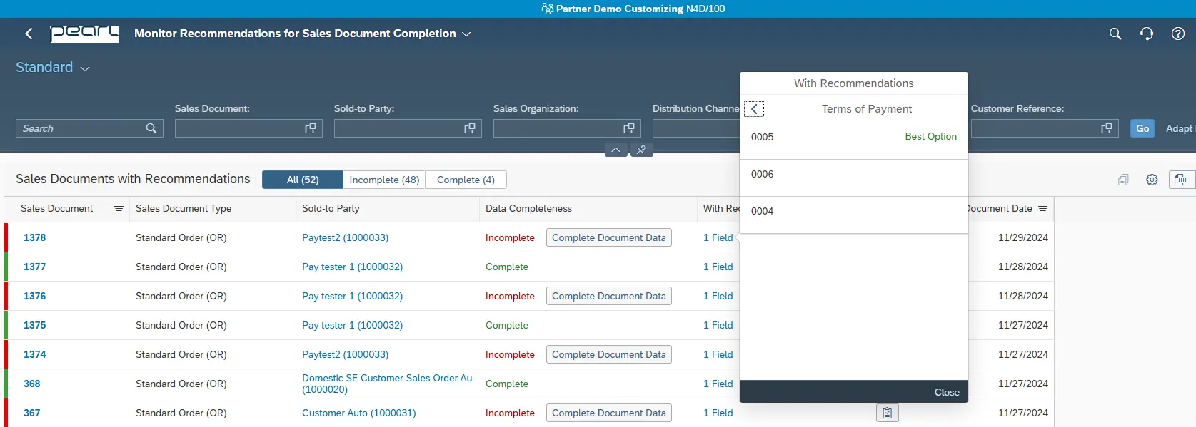 Pearl software interface showing a table of sales documents with status indicators and a pop-up for payment terms.