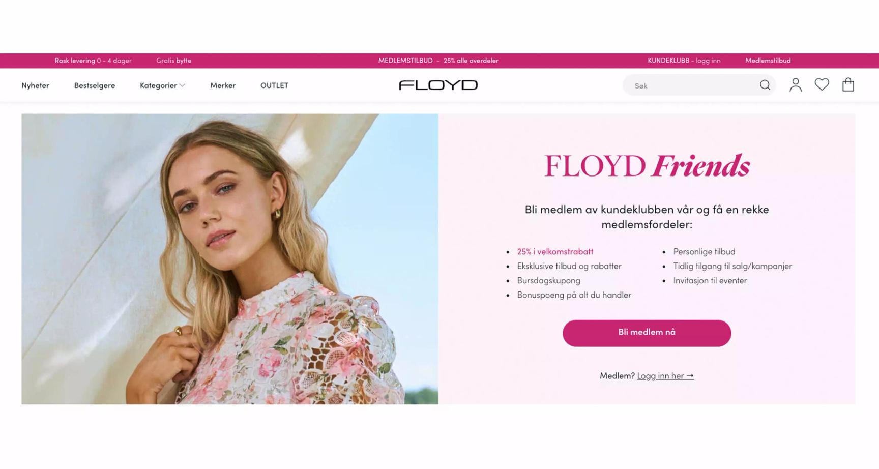 Floyd Friends loyalty program page on floyd.no showing membership benefits, a floral dress model photo, and a pink sign-up CTA.