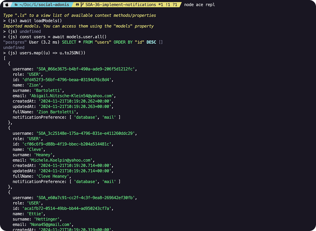 Node ace repl usage snippet