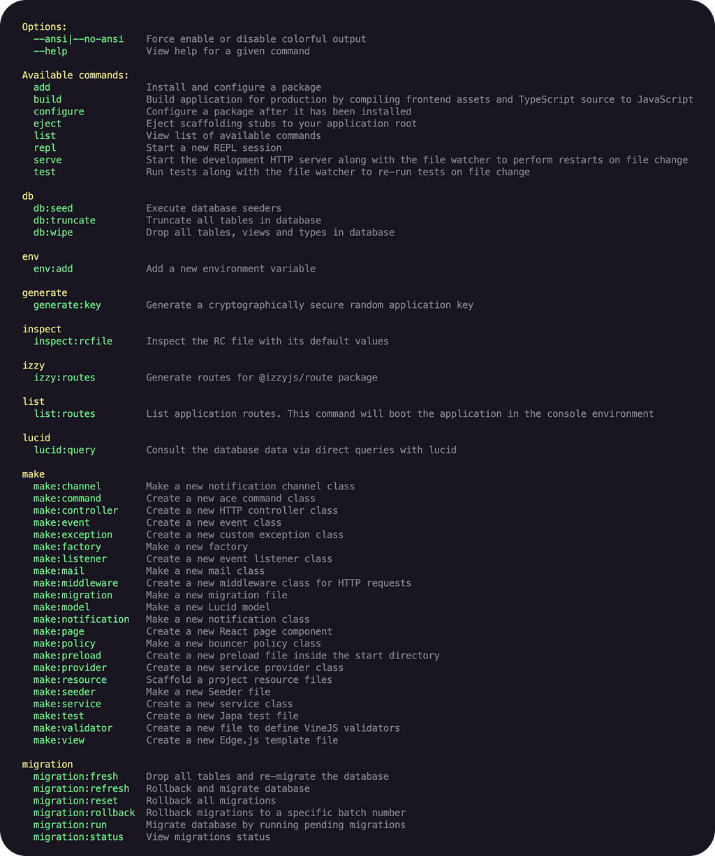 Node ace commands print