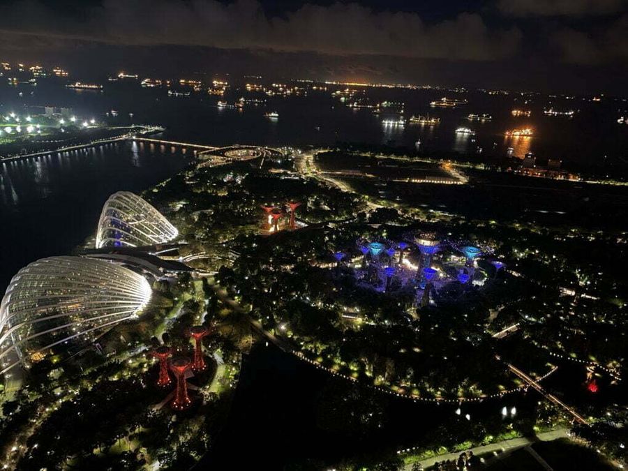 Noční výhled z hotelu Marina Bay Sands na Gardens by the bay, Singapur.