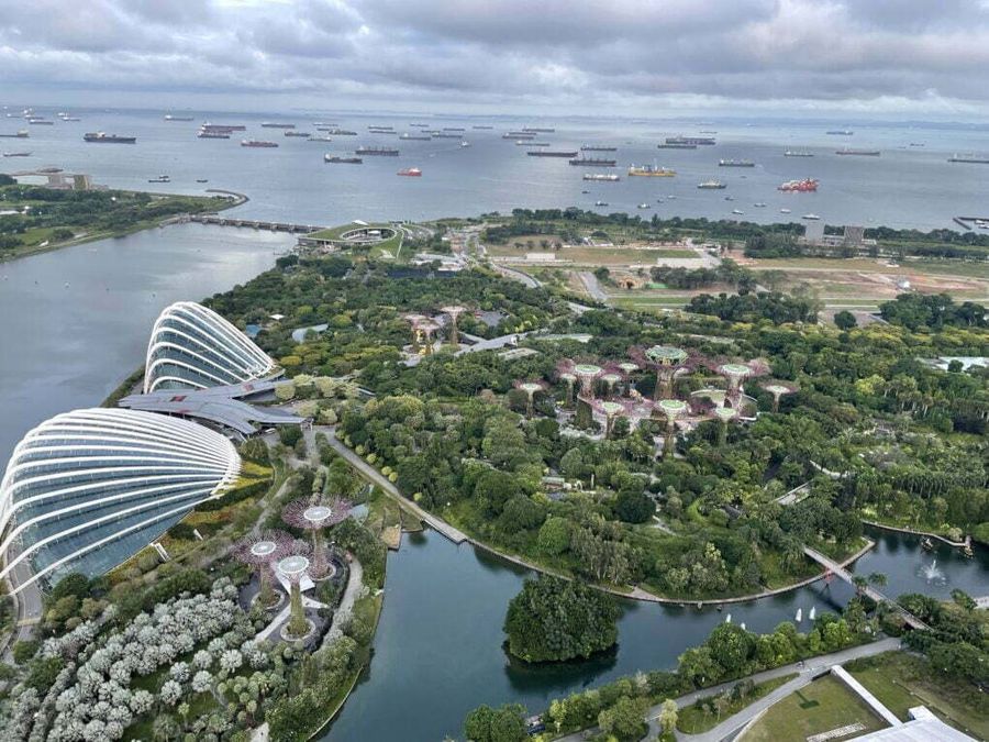 Pohled z vyhlídkové terasy hotelu Marina Bay Sands na skleníky a Gardens by the Bay, Singapur.