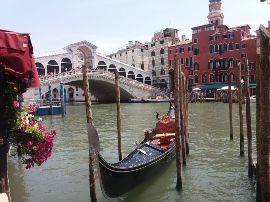 Tradiční benátské gondoly, v pozadí most Ponte Rialto.