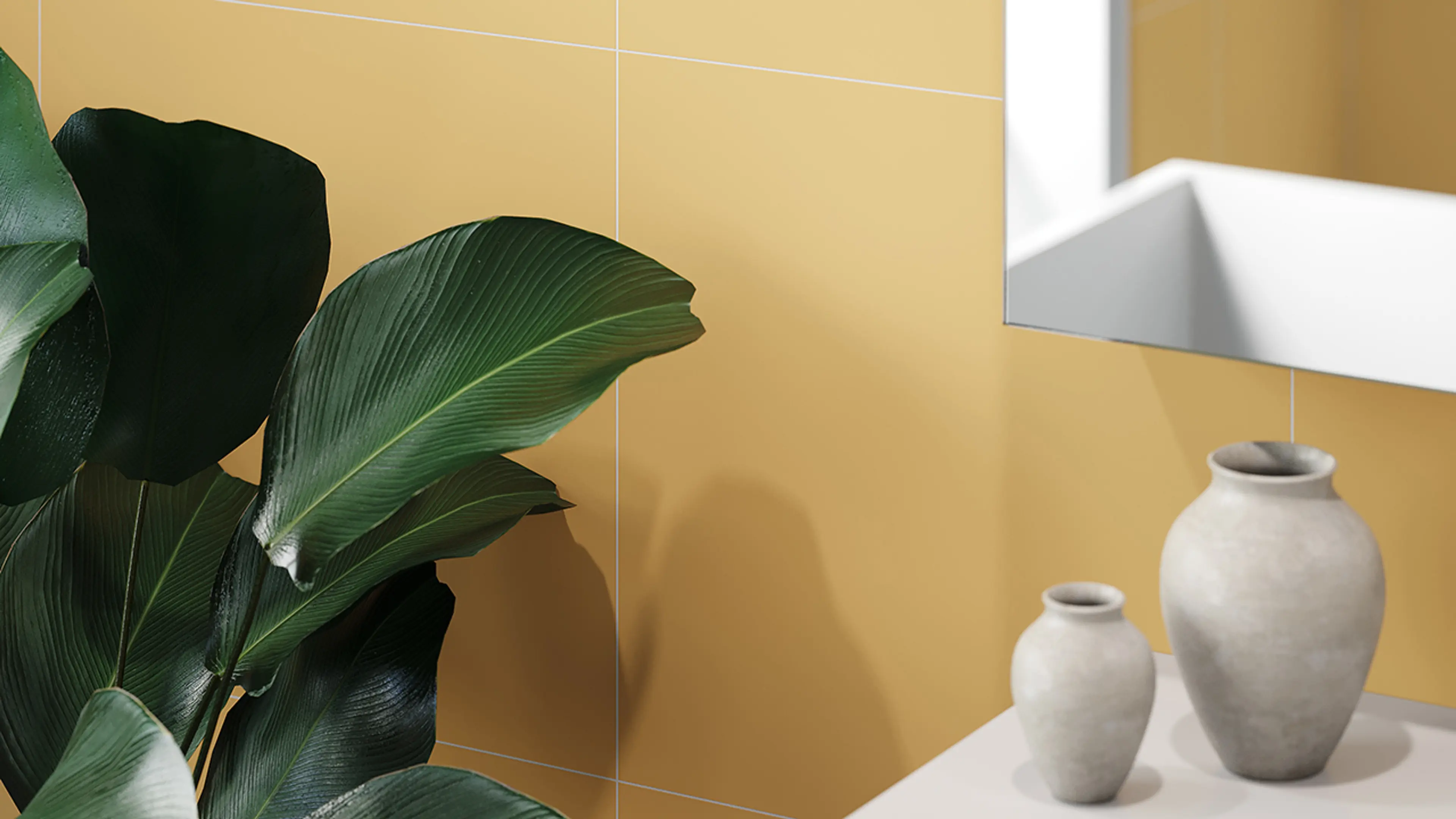 Detaljbilde av bad med gule veggplater.