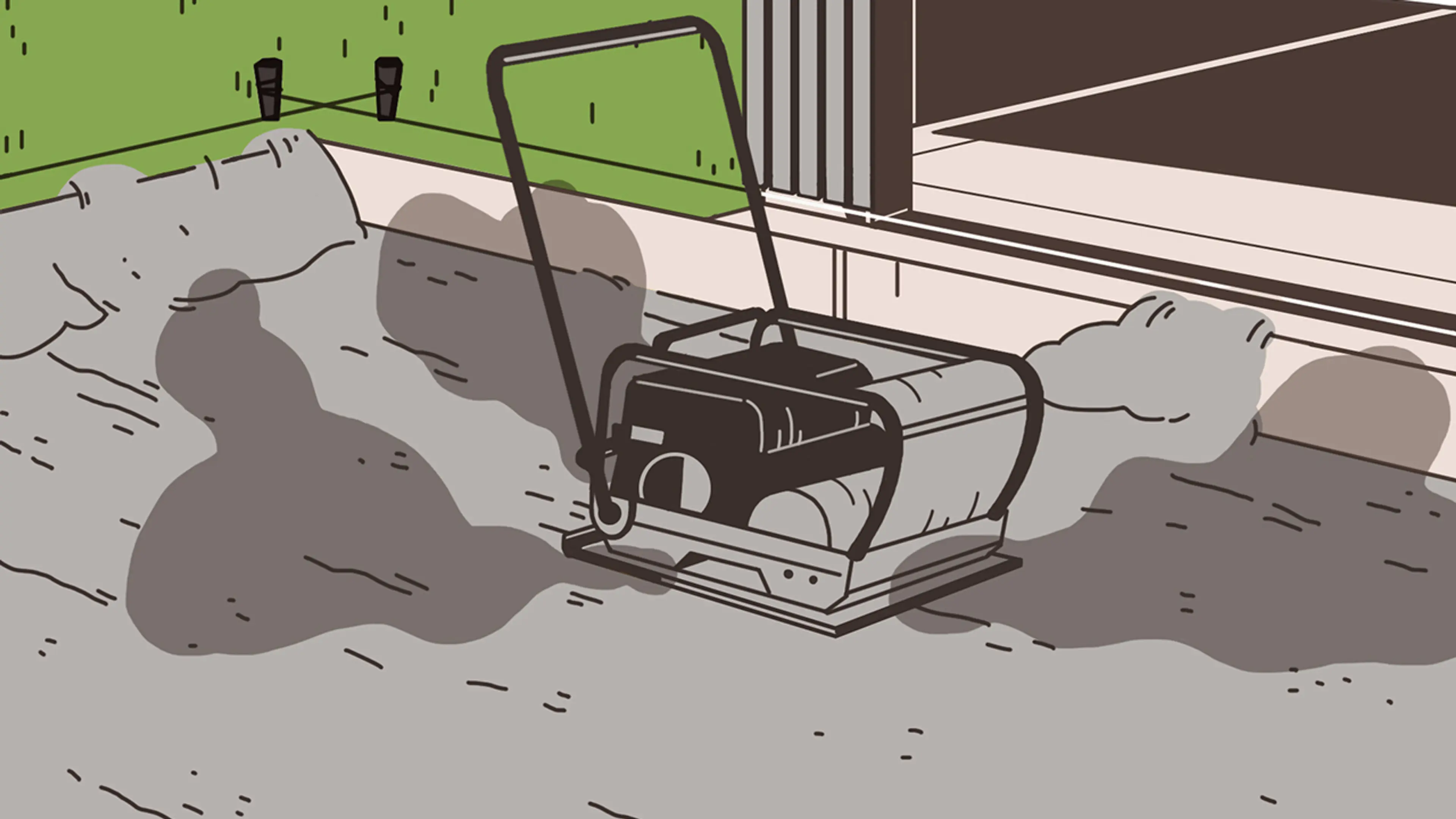 Illustrasjon som viser at du skal bruke platevibrator når du legger belegningsstein.