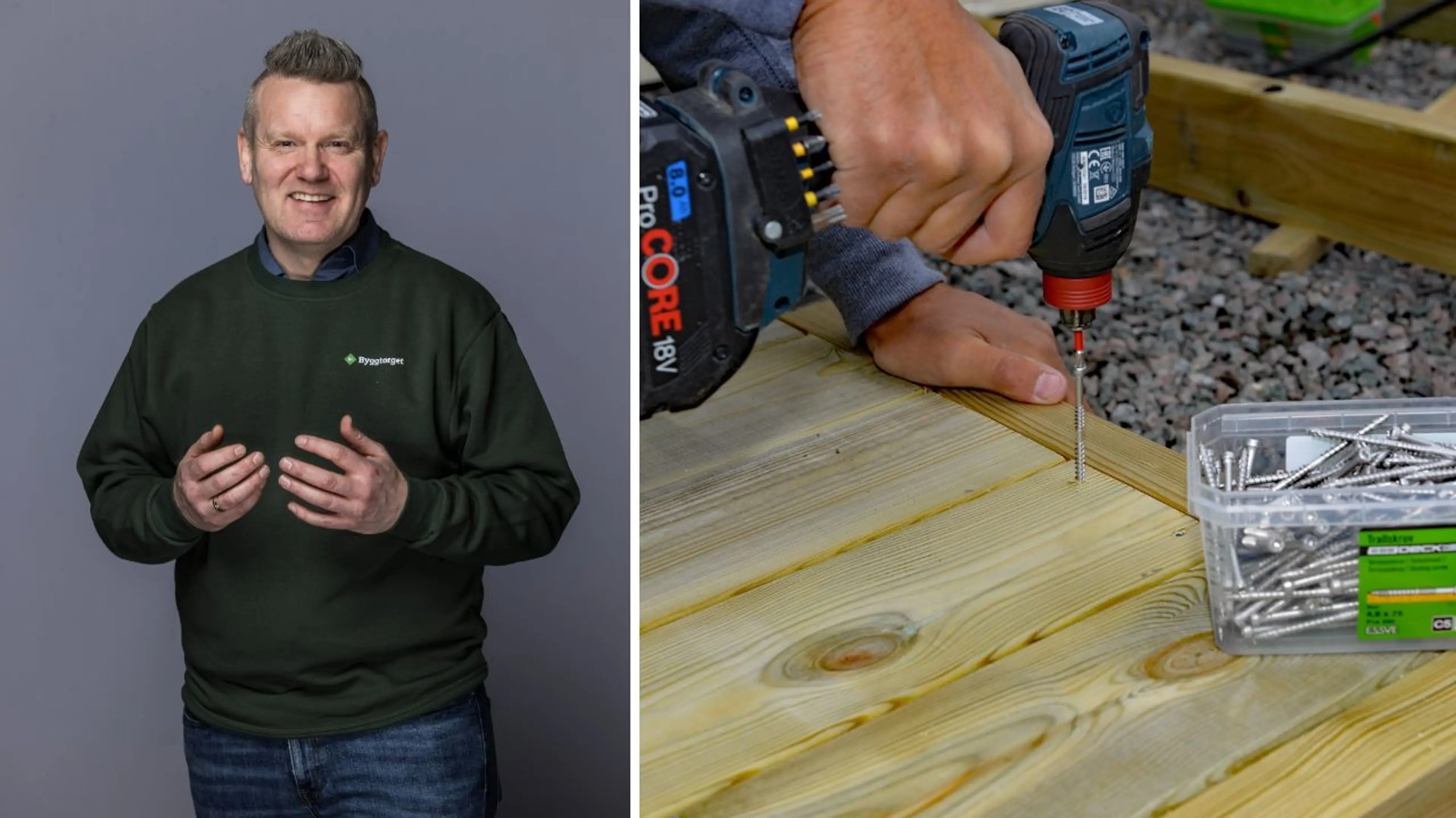 Ansatt hos Byggtorget og en hånd som skrur ned en skrue i et terrassebord