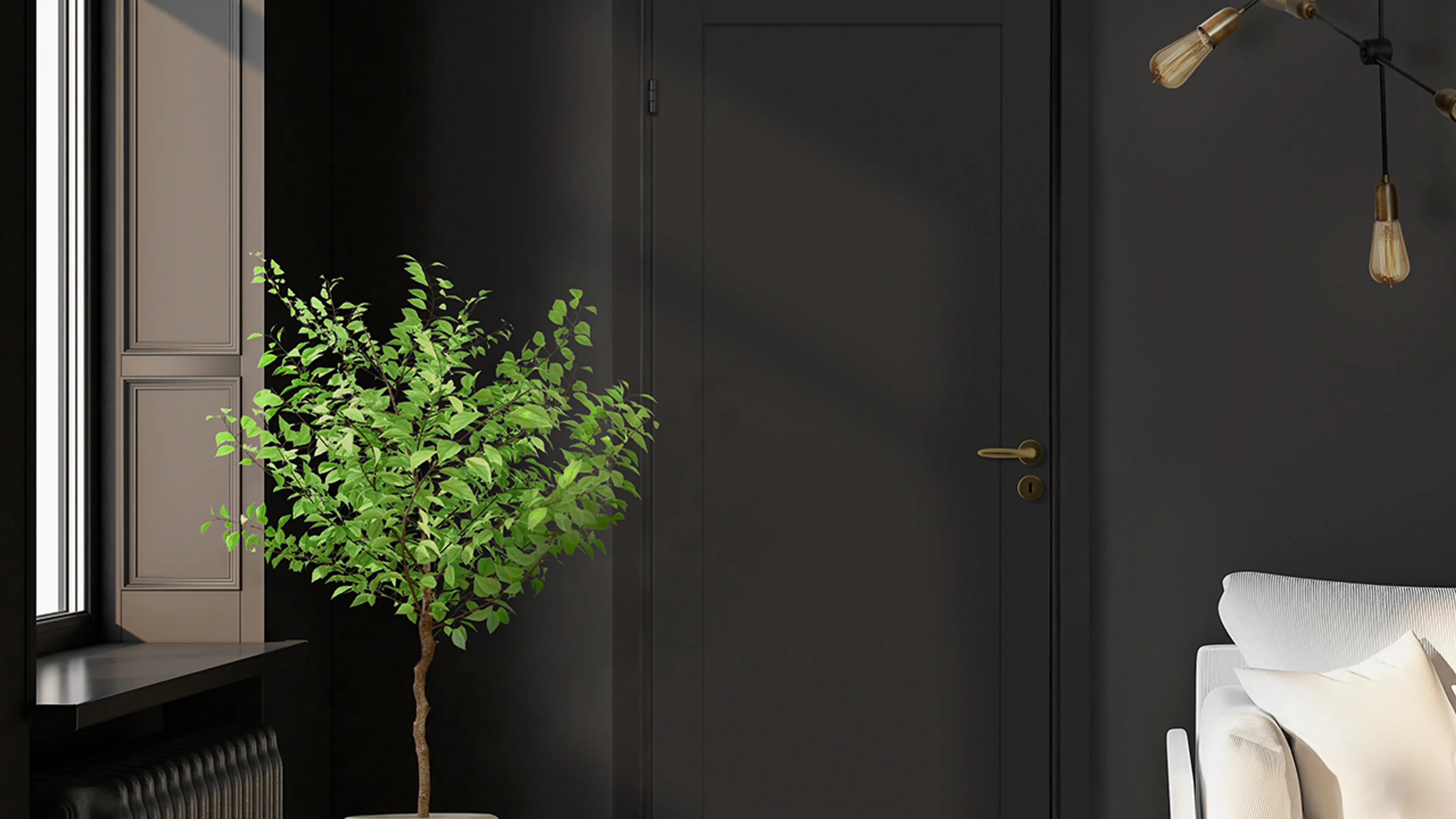 Sort vegg med svart innerdør med detaljer i gull.