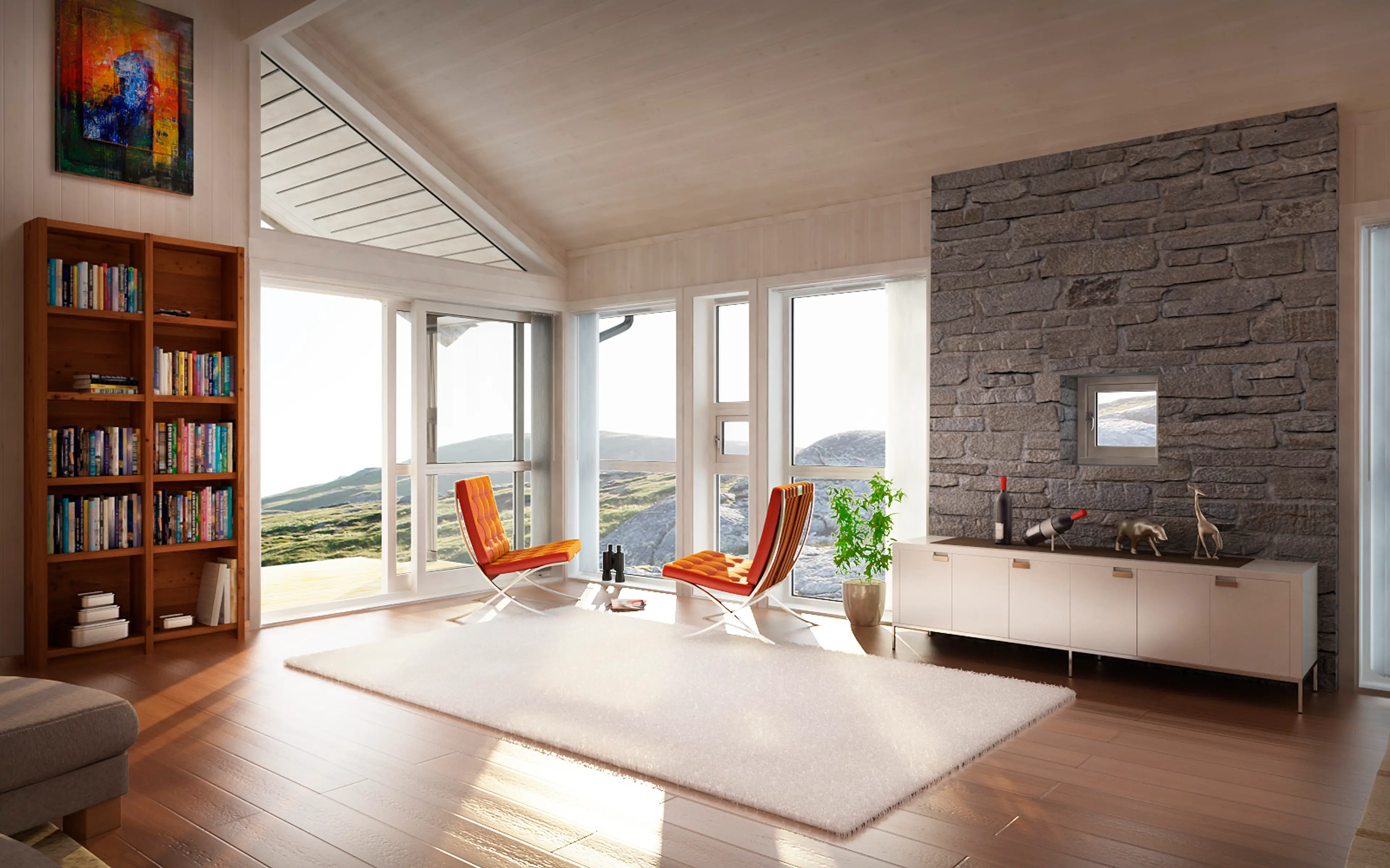 Moderne stue med designmøbler og store vindusflater. Skyvedør til terrassen står åpen