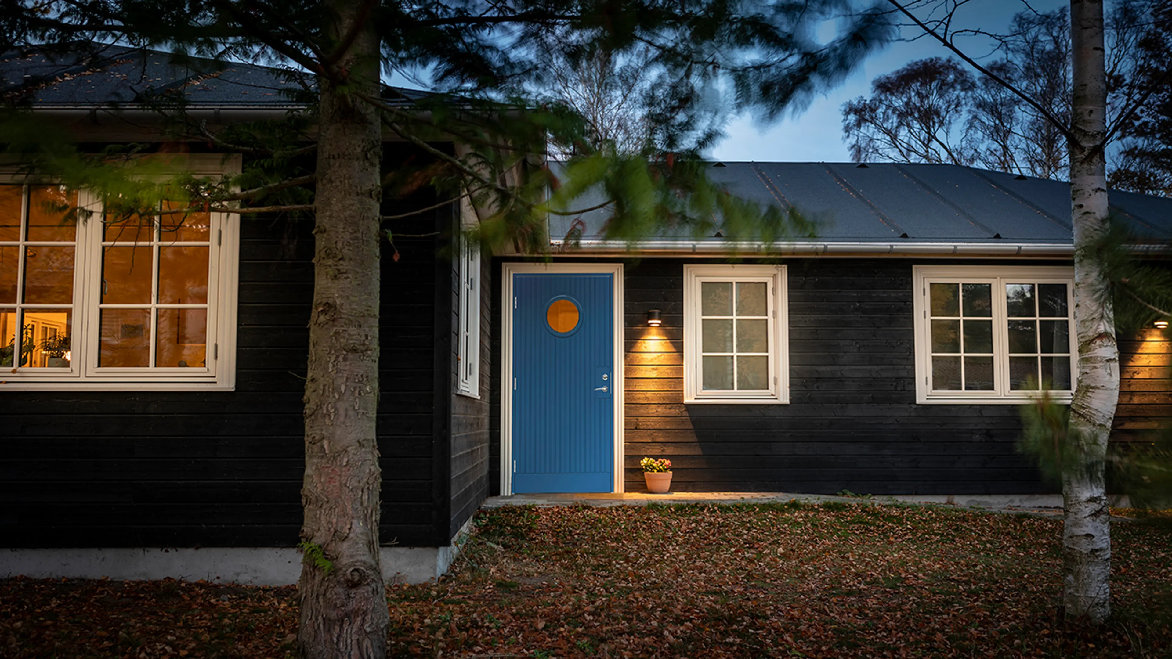 Hus i skogen med blå ytterdør med lite rundt glassfelt.