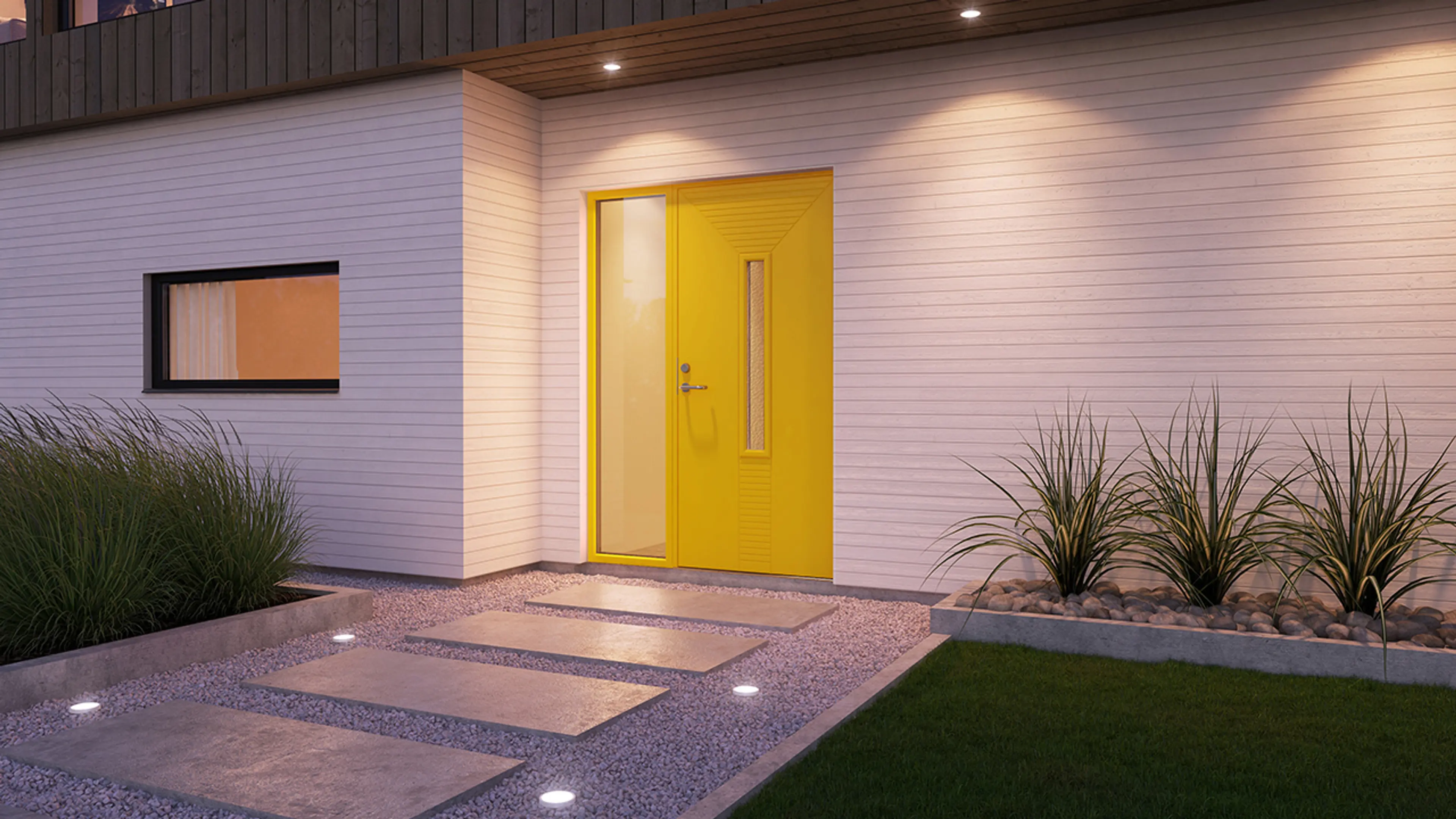 Moderne funkisvilla med gul ytterdør.