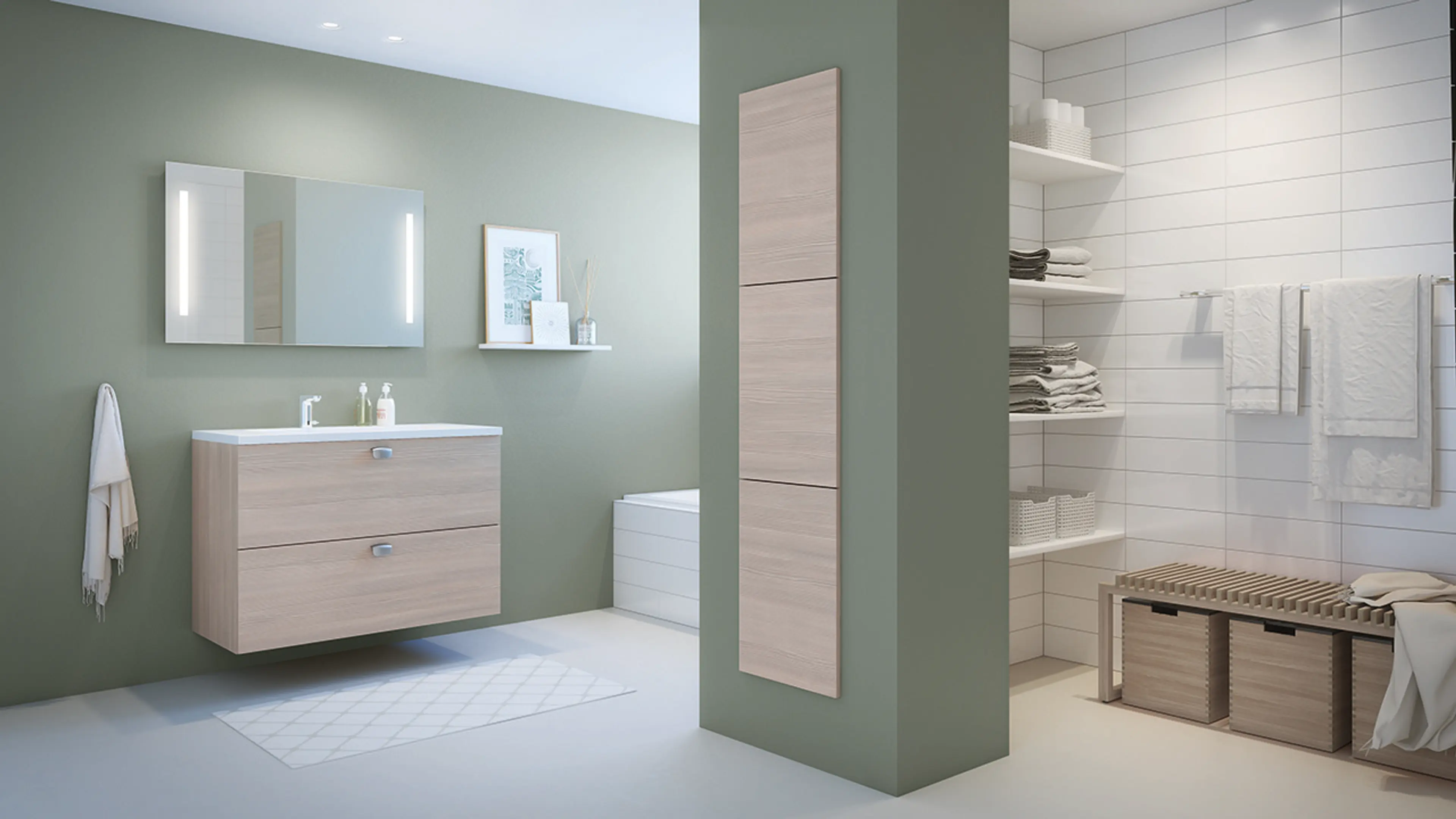 Grønt bad med baderomsmøbler og detaljer i lyst treverk og stål.