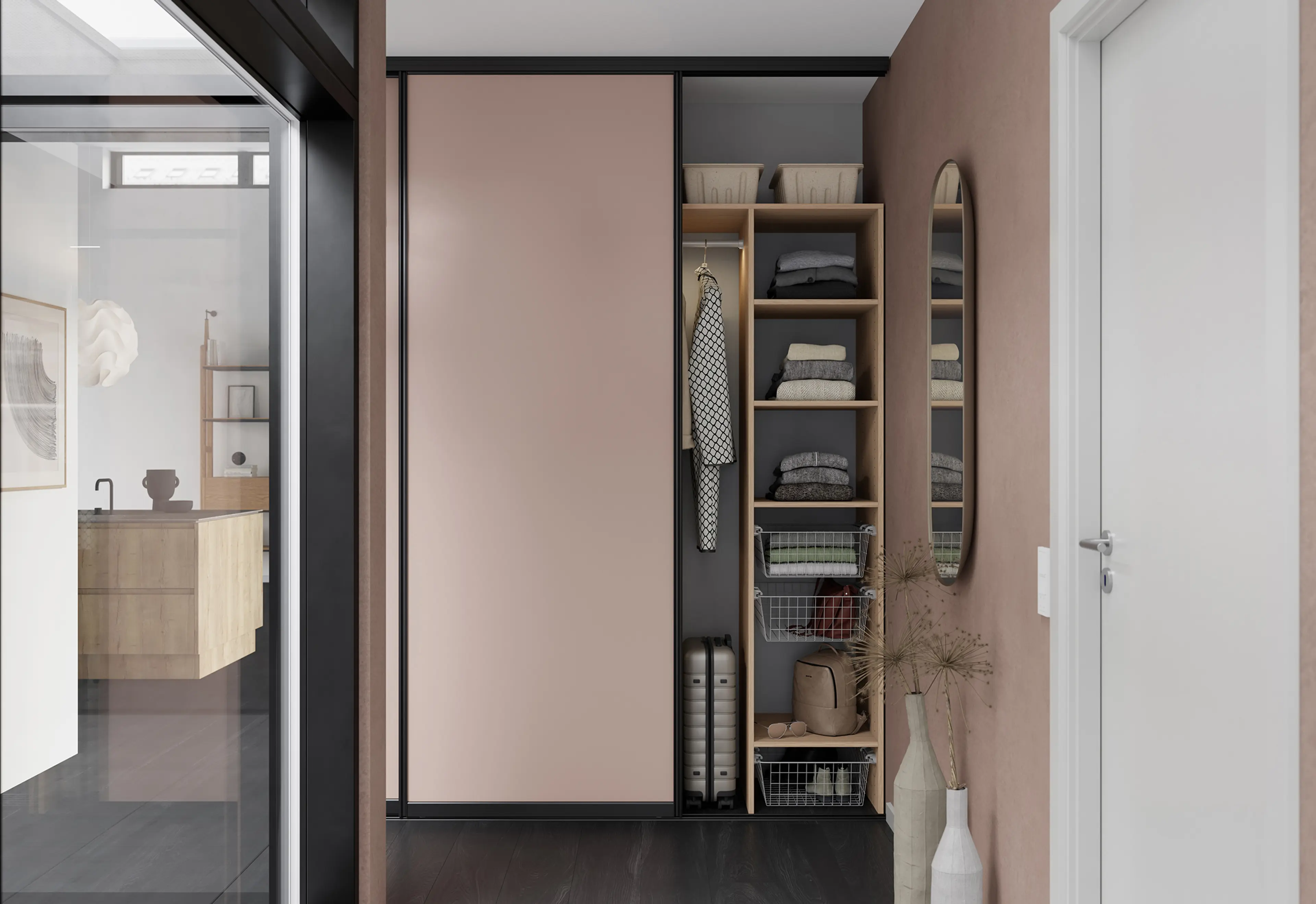 Pudderosa skyvedørsgarderobe i gang