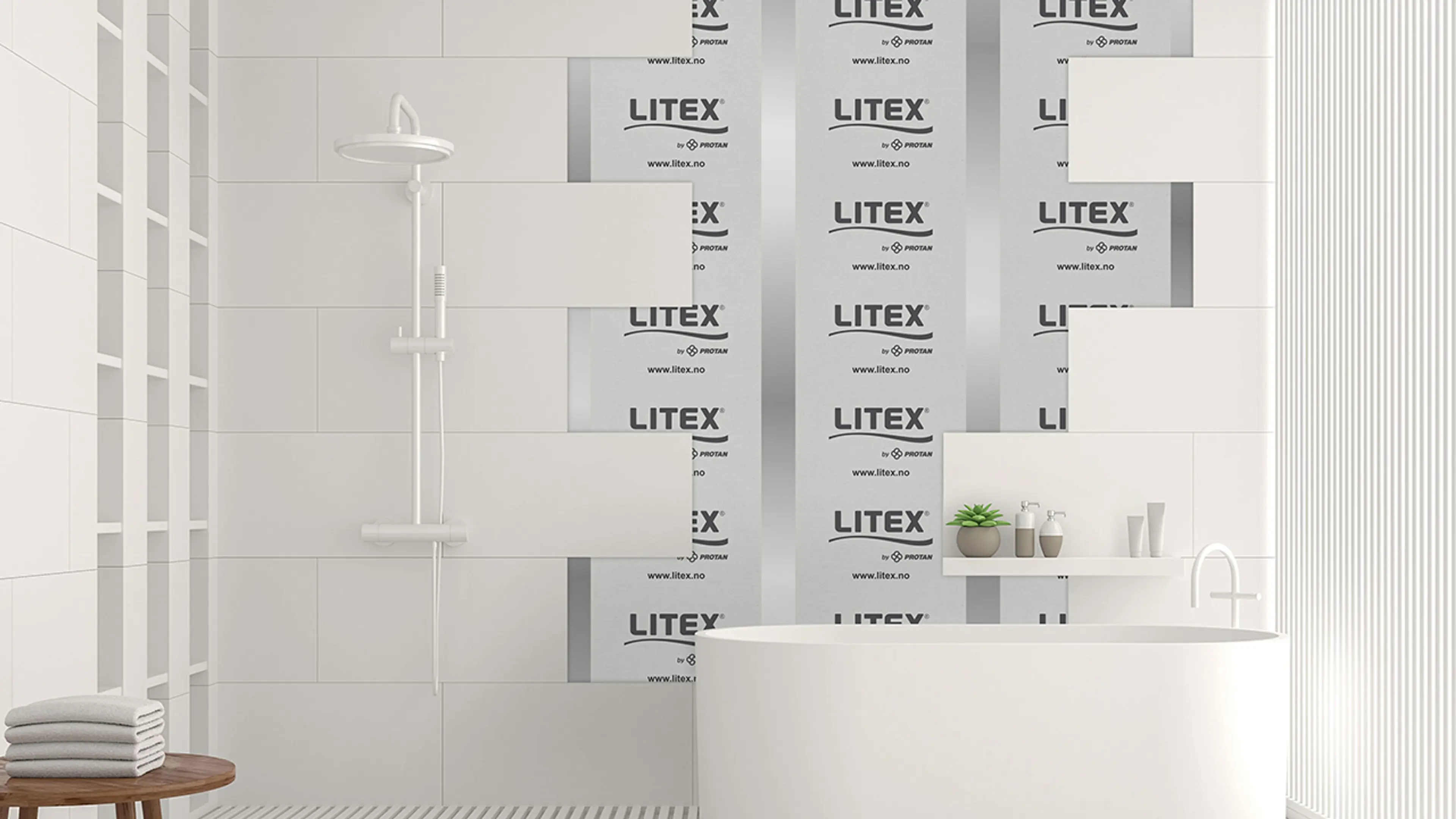 Hvitt baderom med Litex-plater, badekar og dusj.
