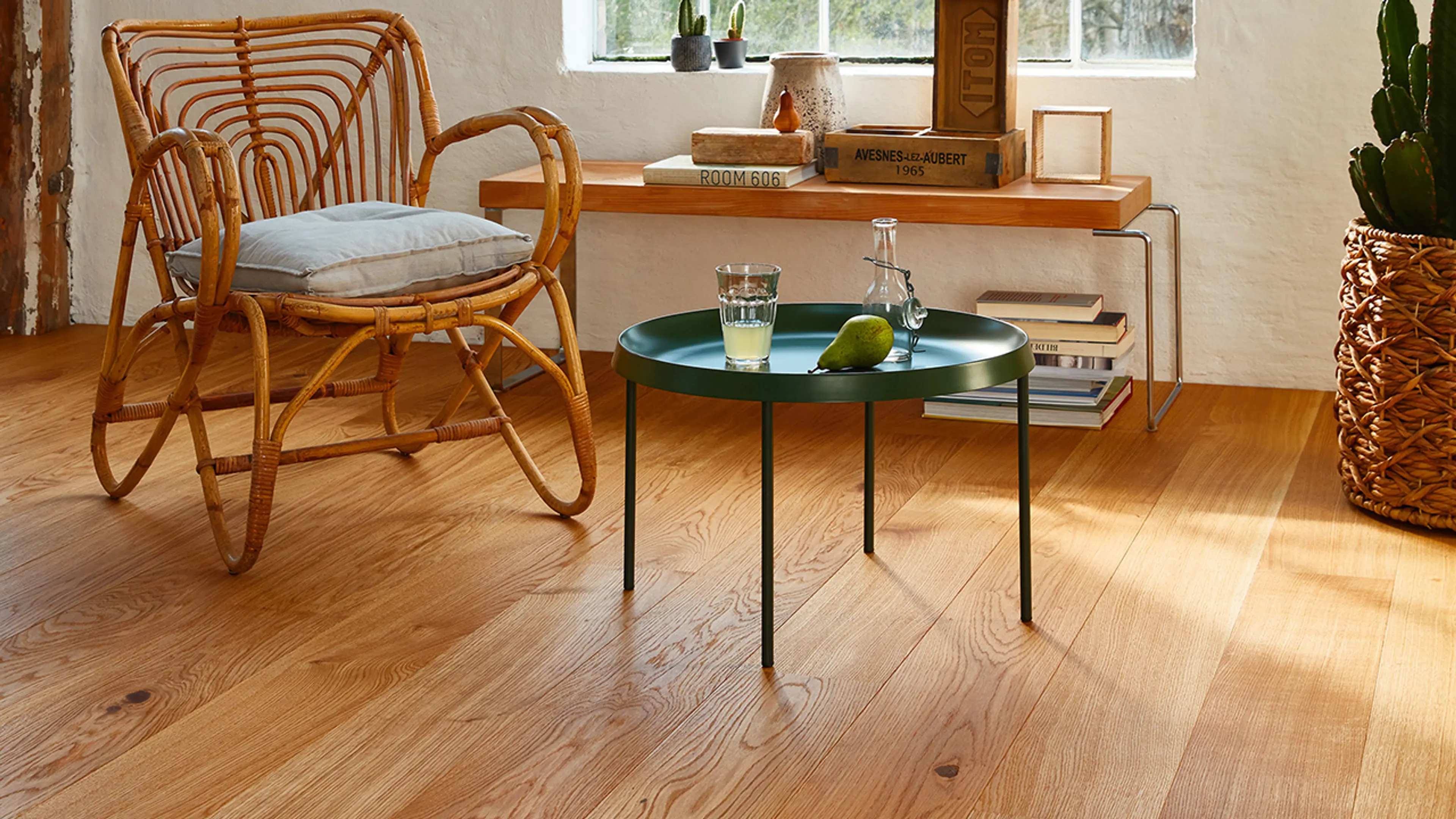 Stue med parkett i eik.