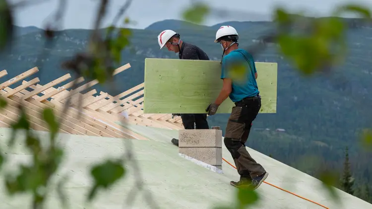 To håndverkere som går på et undertak, den ene bærer en konstruksfinerplate.