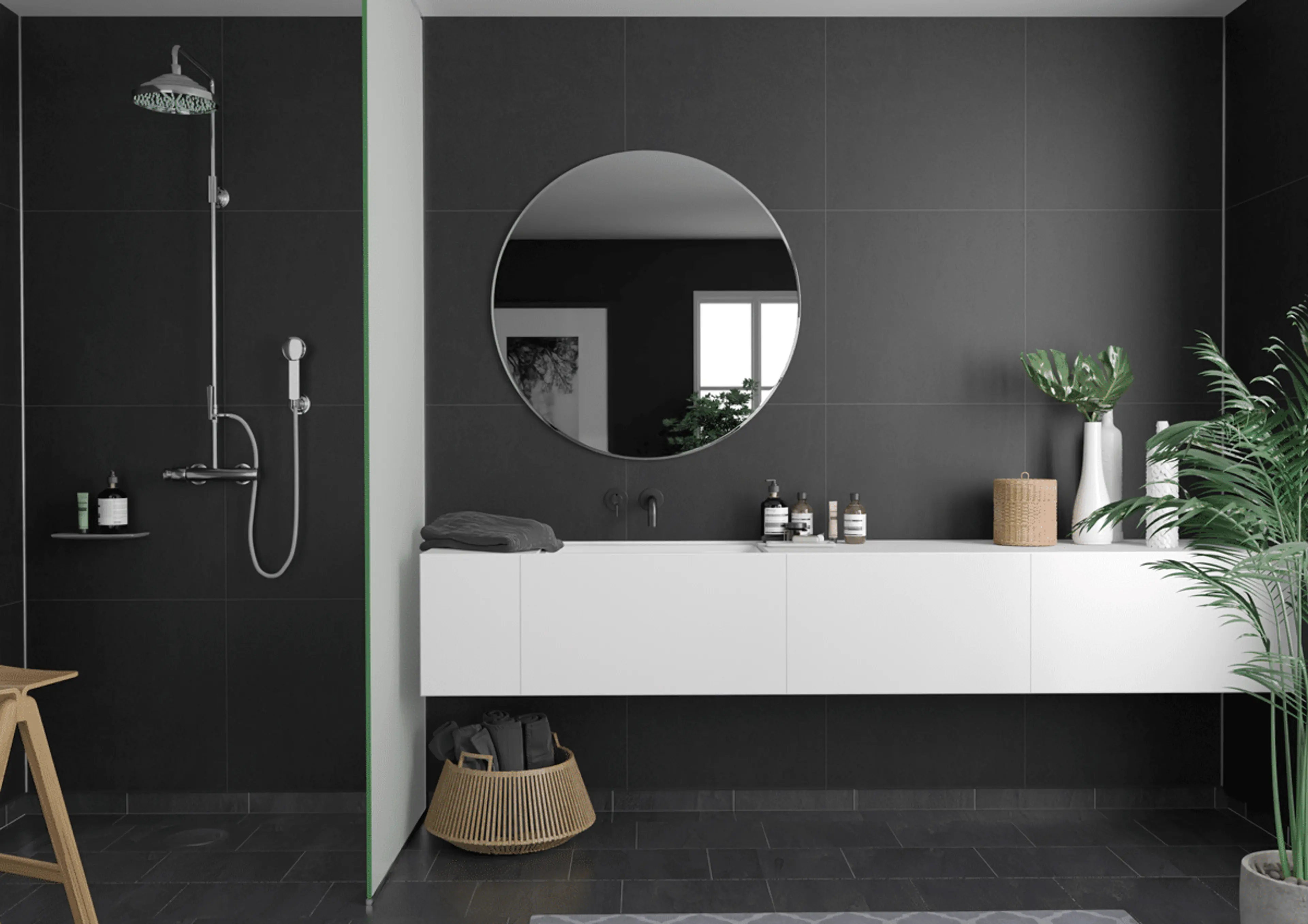 Moderne bad med Fibo veggplater i farge Dark Soot