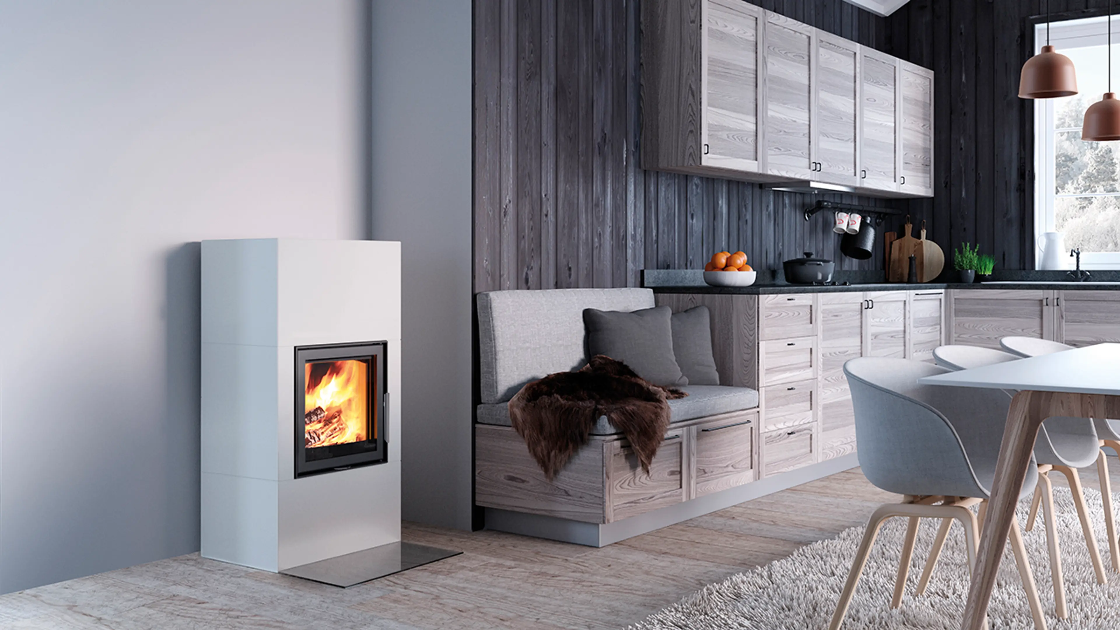 Lav rentbrennende peis til hytta i hyttekjøkken.