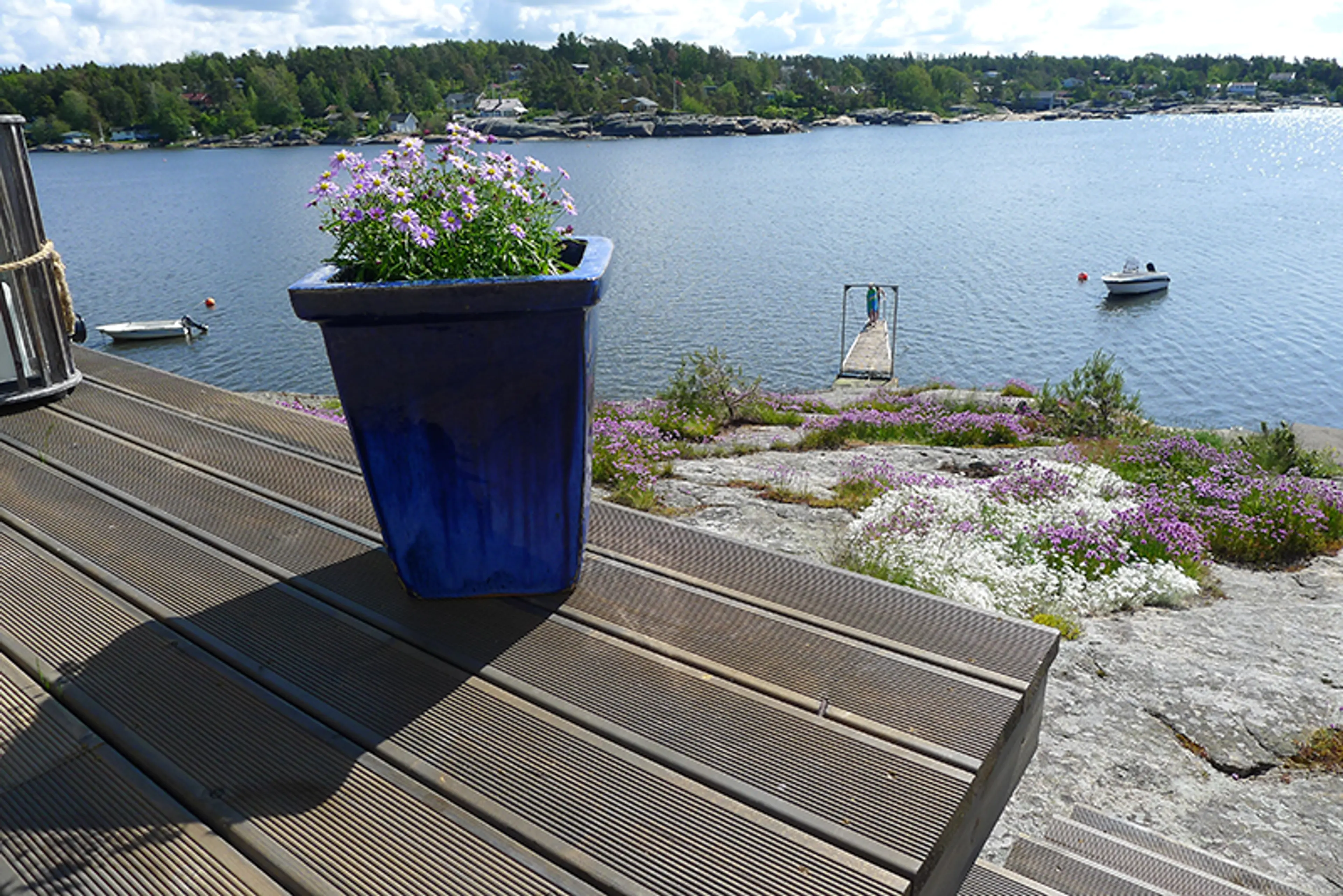 blå blomsterpotte står på platting, hytte ved sjøen