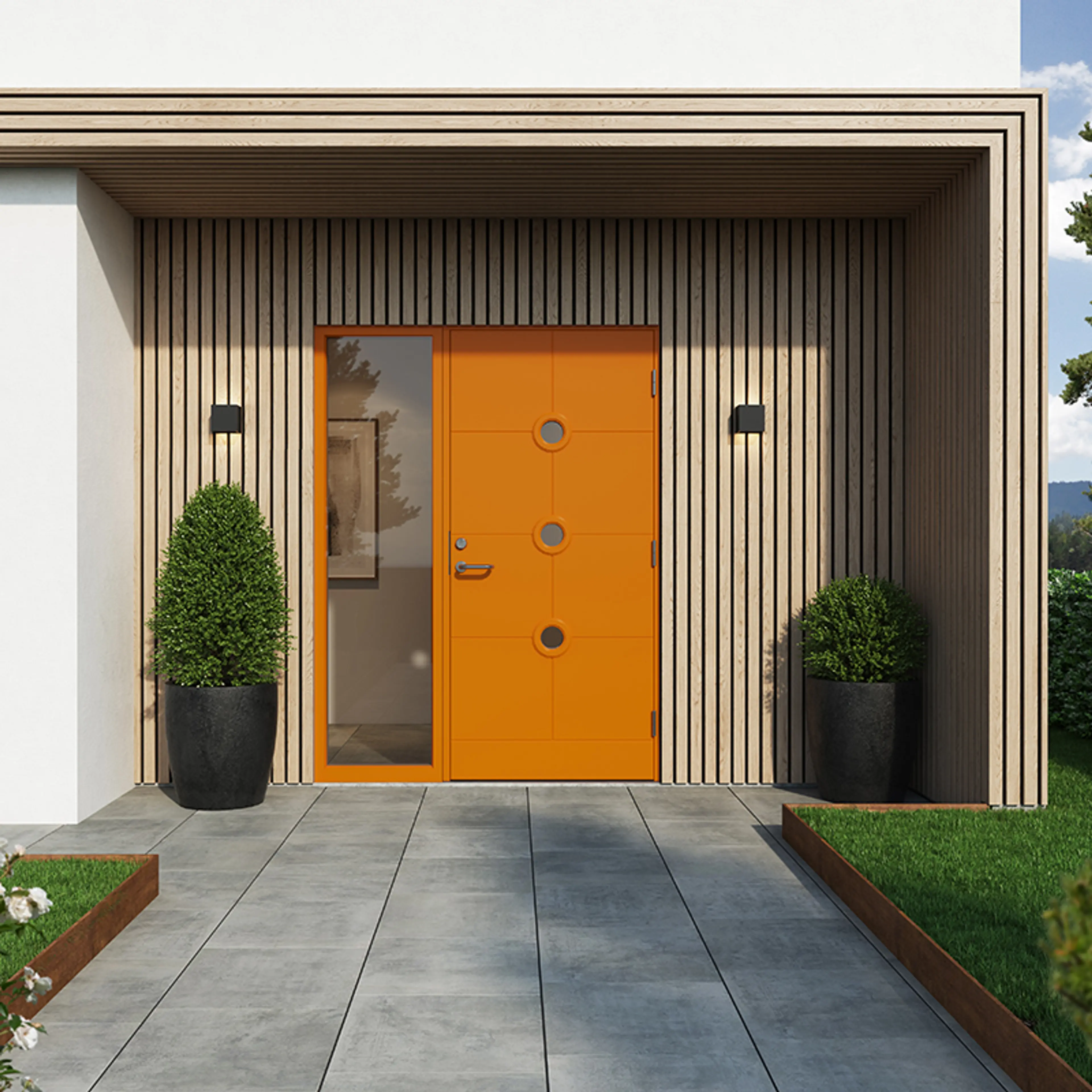 inngangsparti på moderne funkishus med knalloransje ytterdør og sidespeil