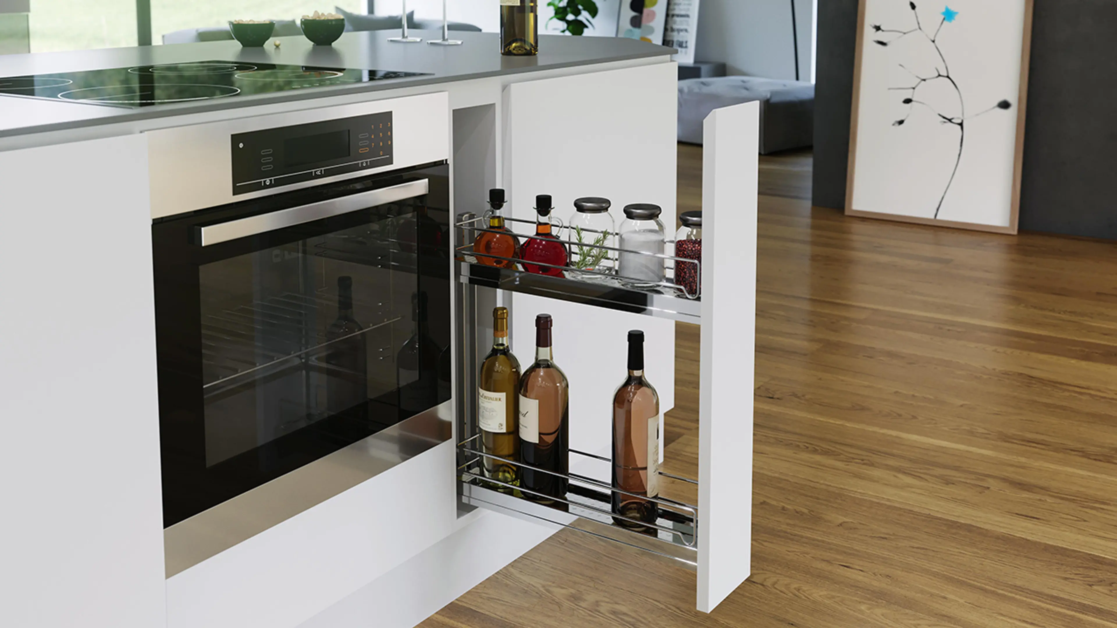 Kjøkken med halvøy med smal uttrekkbar hylle.