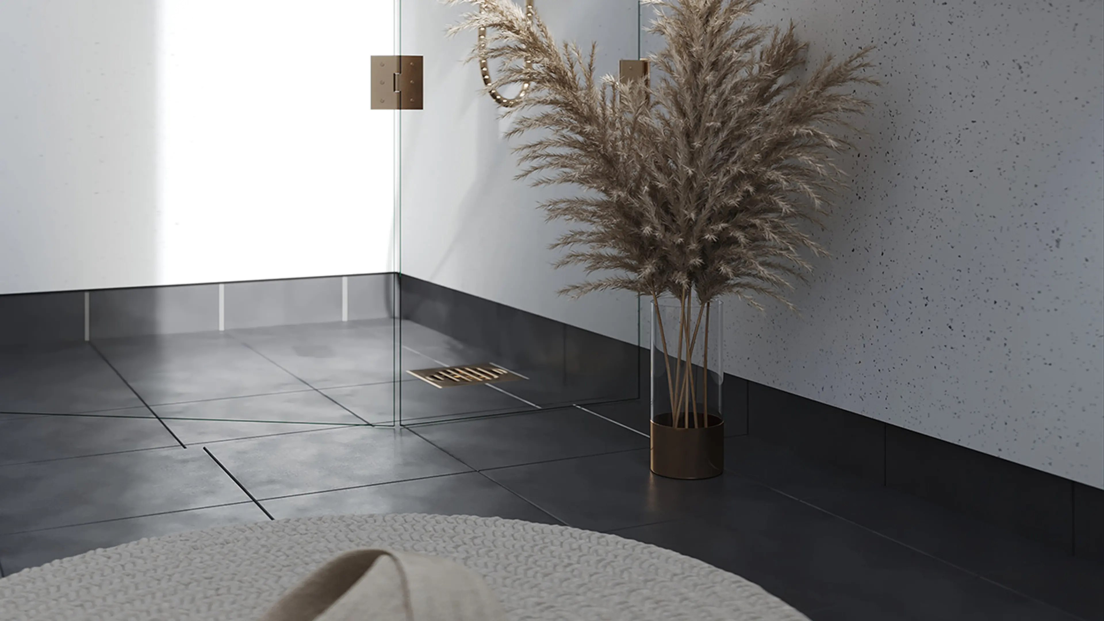 Detaljbilde av baderom med baderomsplatene Sugar Sparkle og sorte fliser.