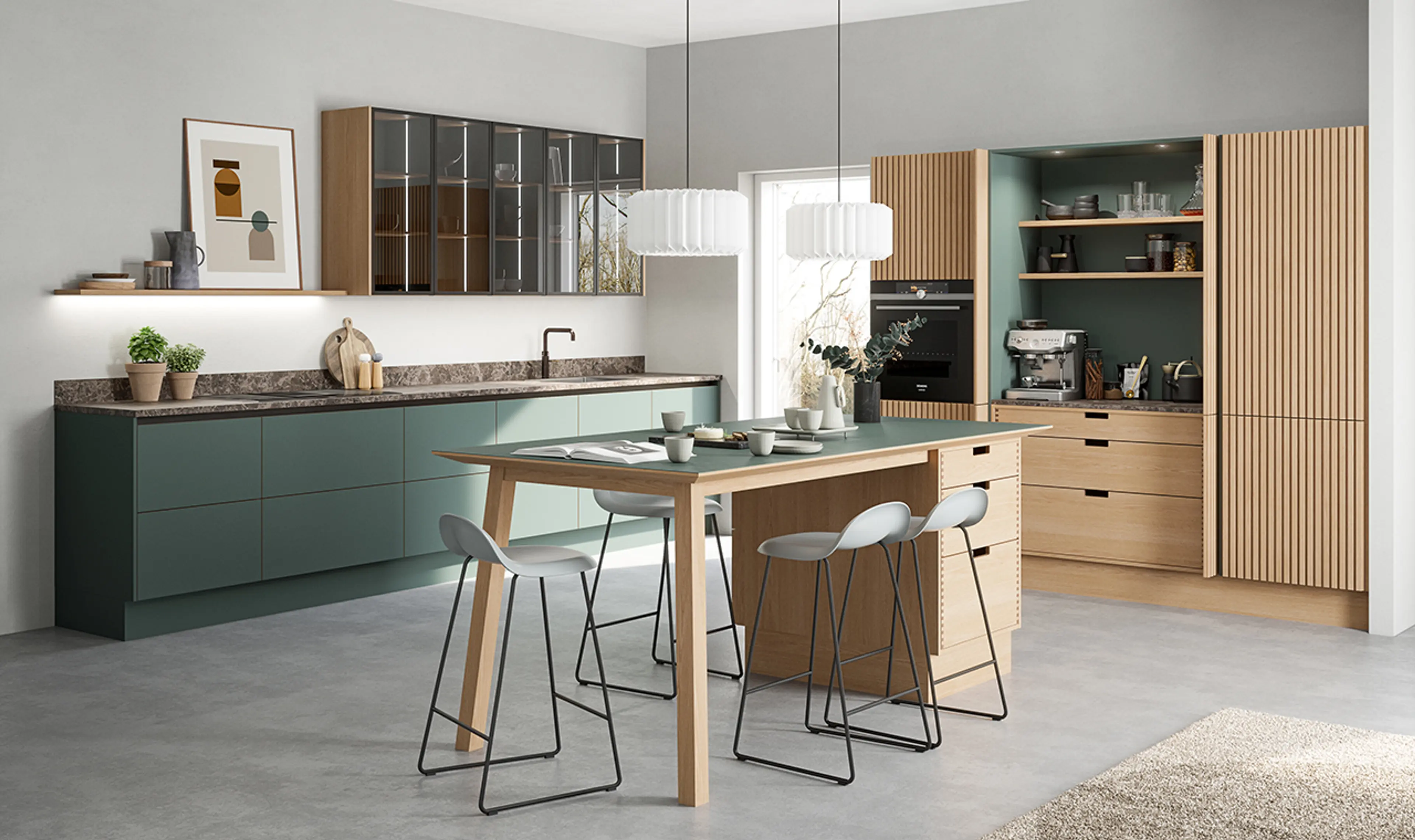 Åpen kjøkkenløsning med kjøkkenøy i farge.