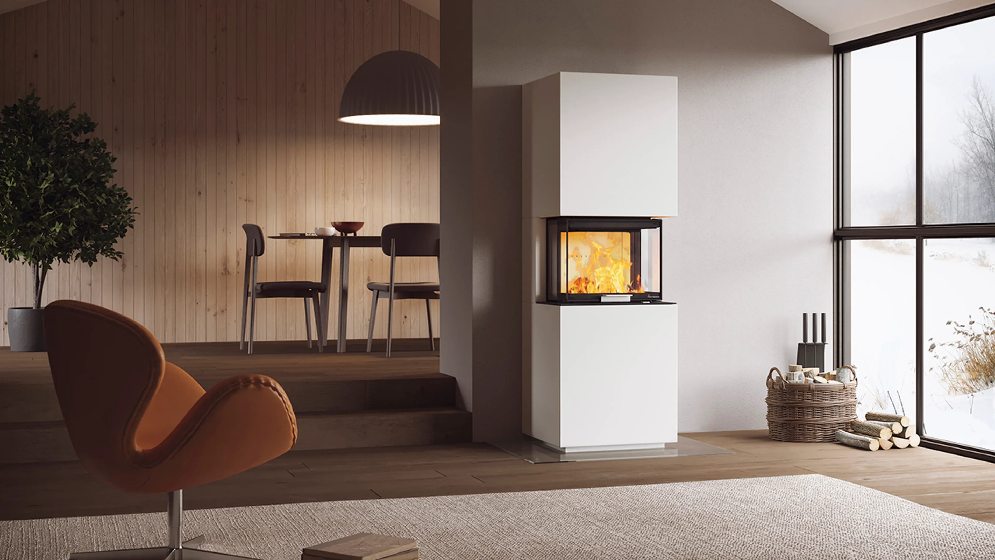 Høy peis malt i hvitt til hytte.