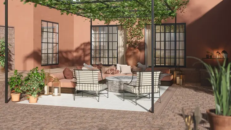 Stor uteplass med belegningsstein.