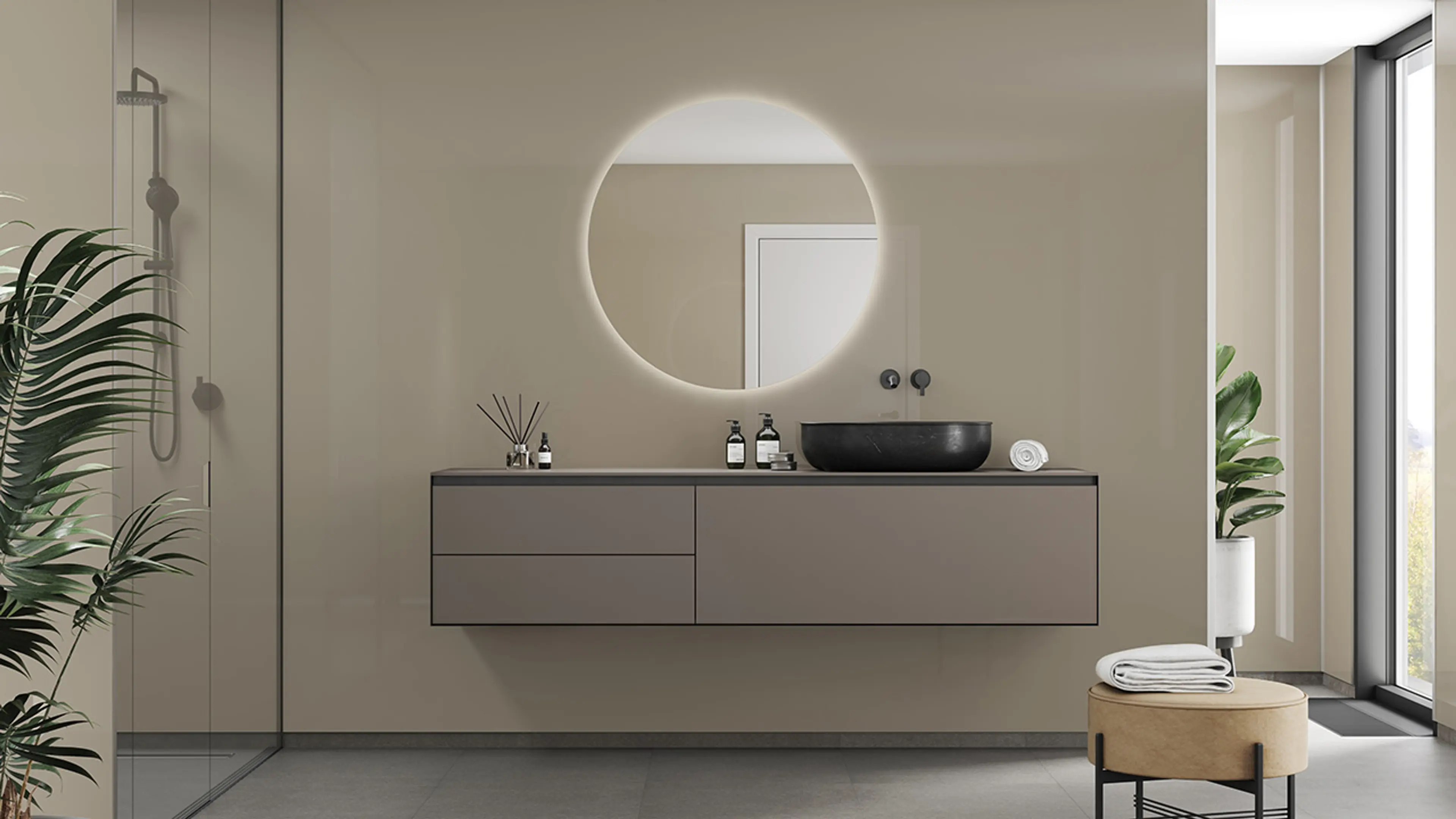 Baderom med våtromsplater i fargen Beige.