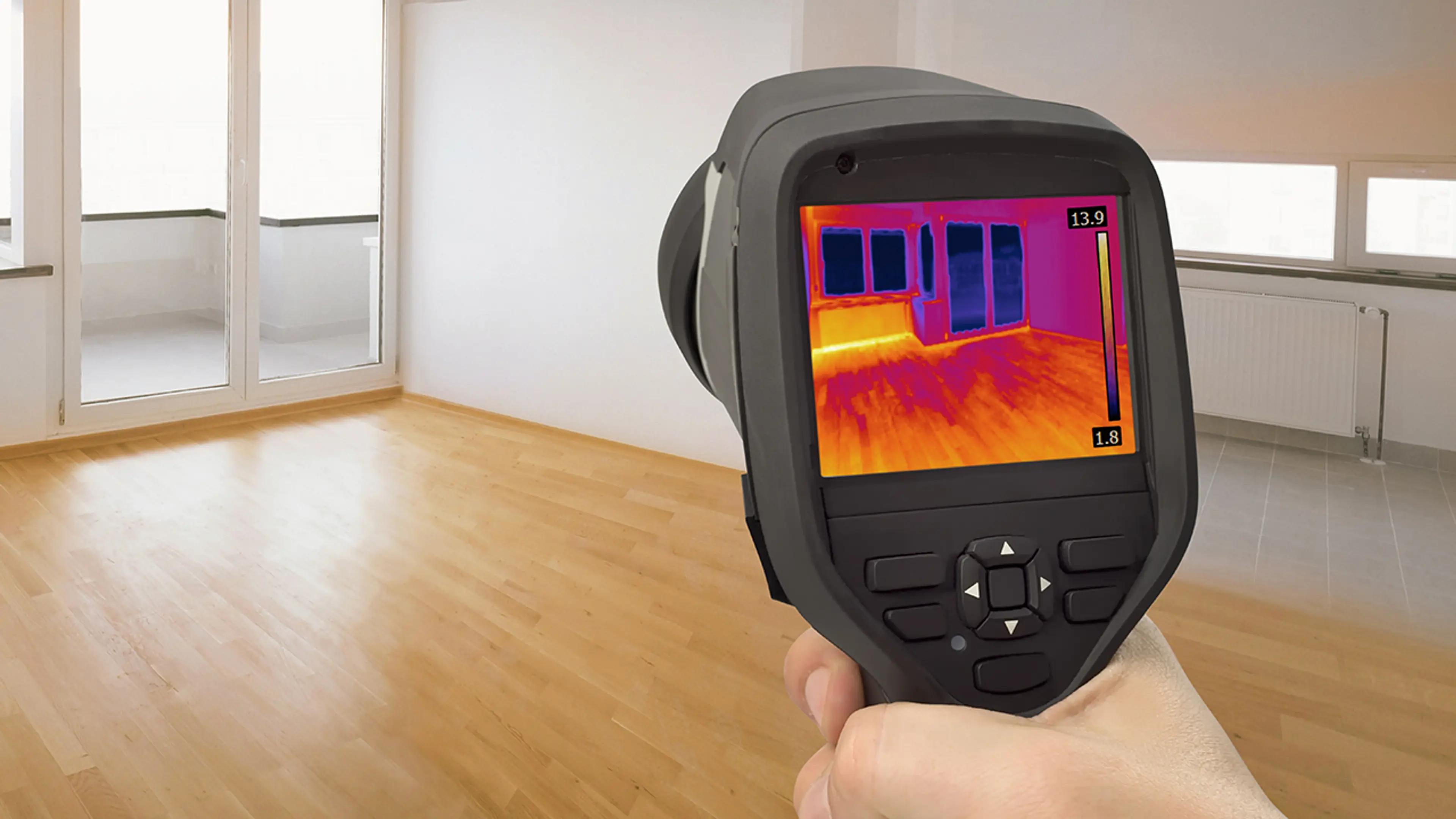 Måler som sjekker hvor det lekker varme ved dører og vinduer.