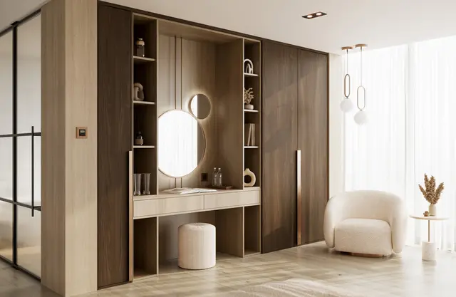 moderne rom med finerplater på veggene