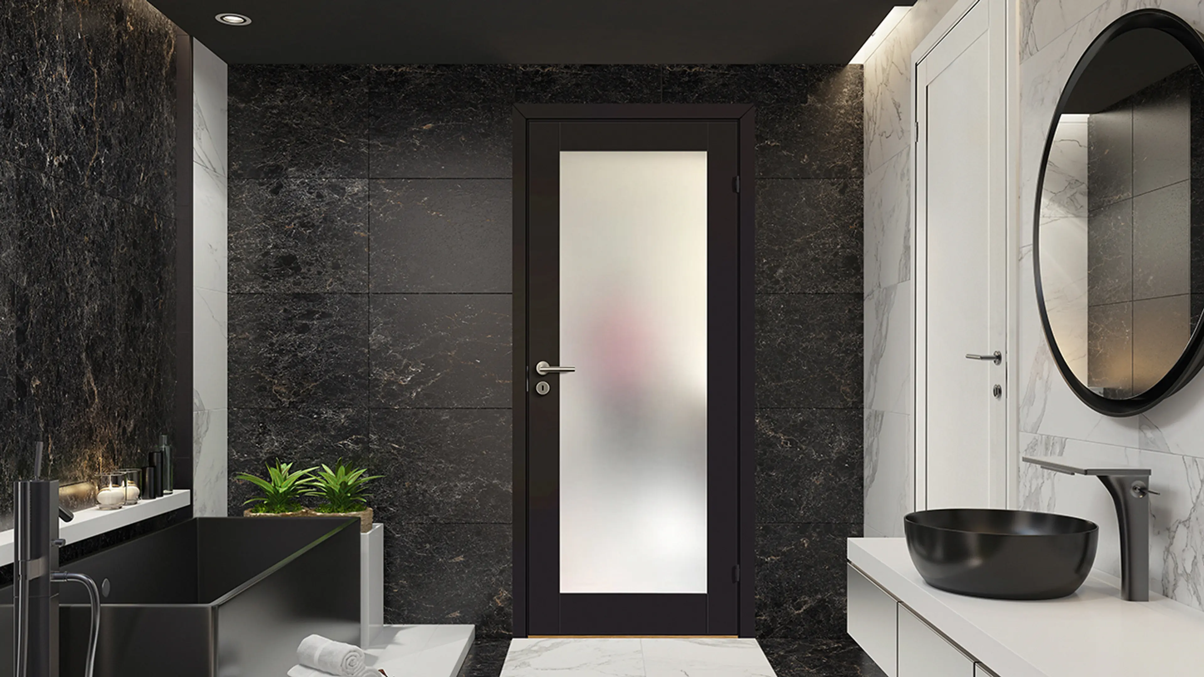 Sort glassdør innendørs på badet.