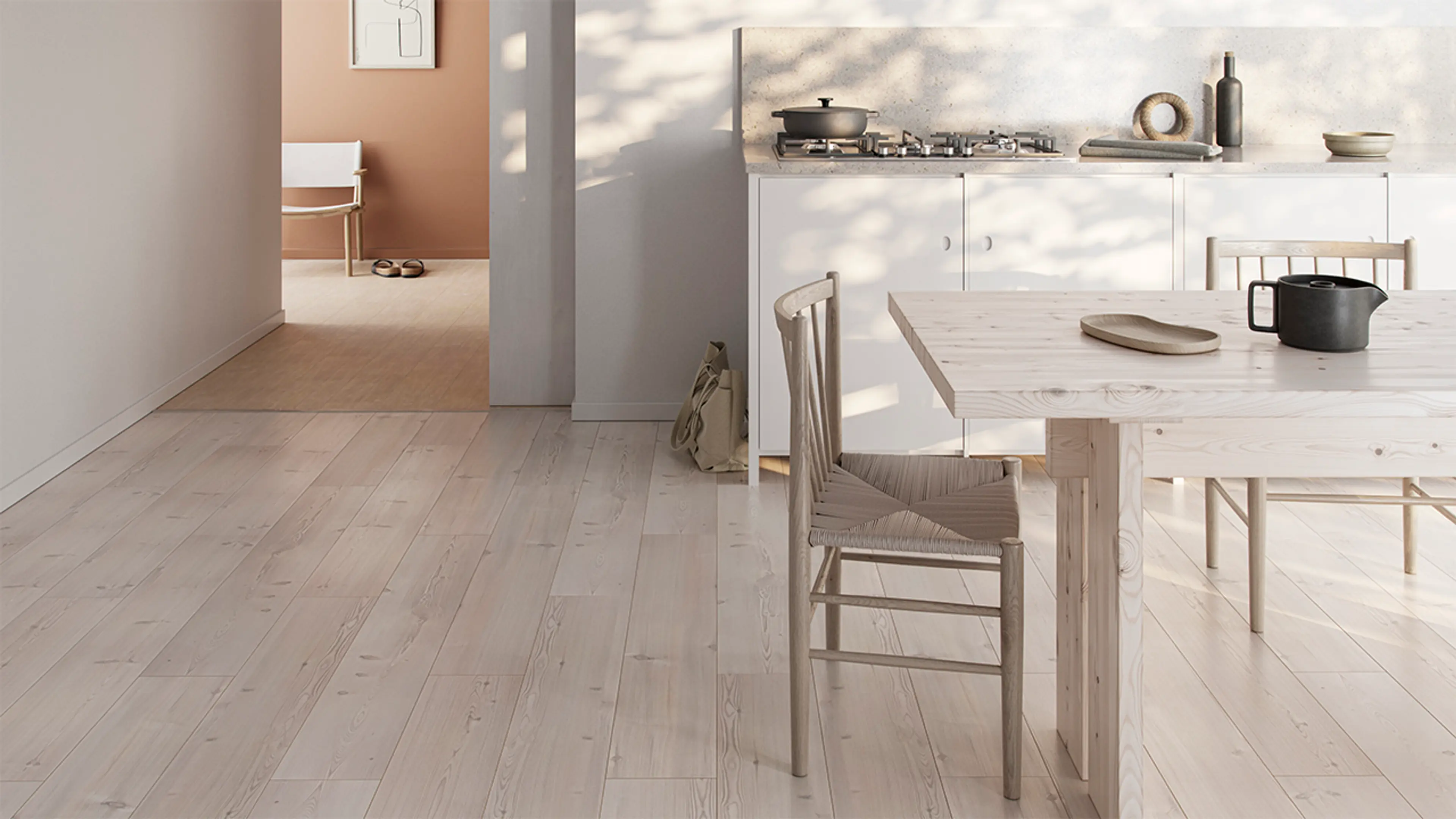 Skandinavisk kjøkken med lys laminat i furu.