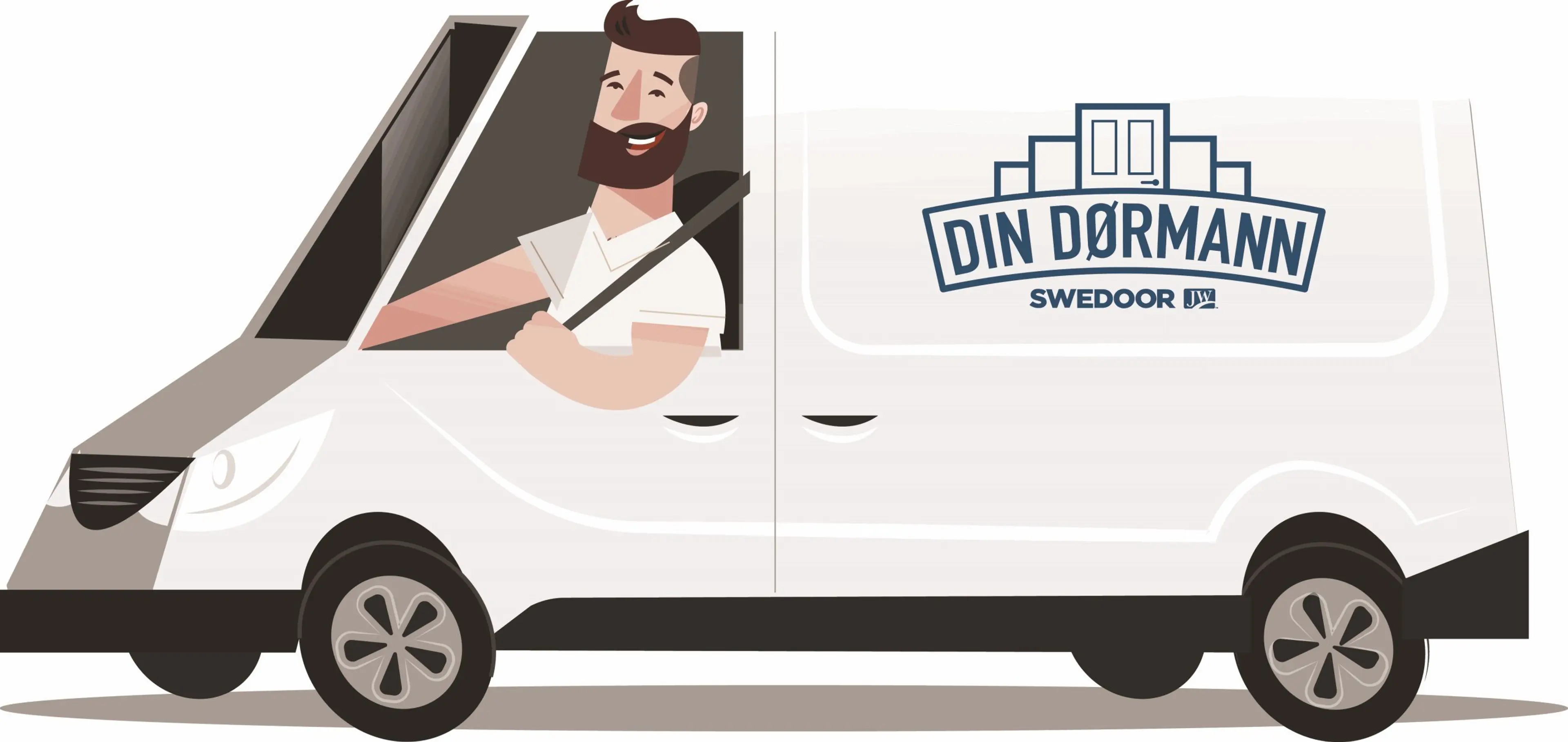 Illustrasjon med bil Din Dørmann fra Swedoor