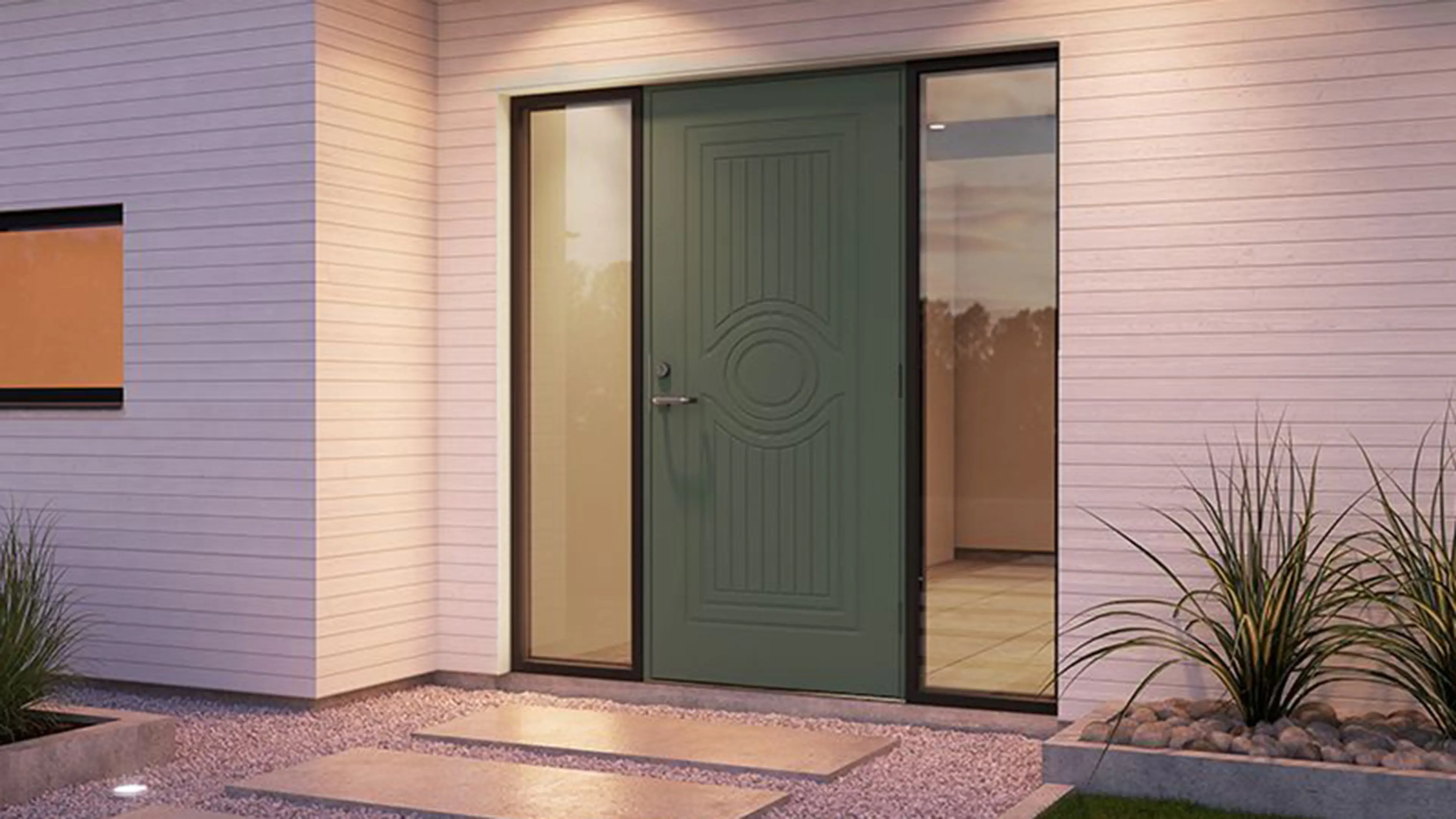 Grønn ytterdør med sidefelt i glass på begge sider for ytterdør inspirasjon.