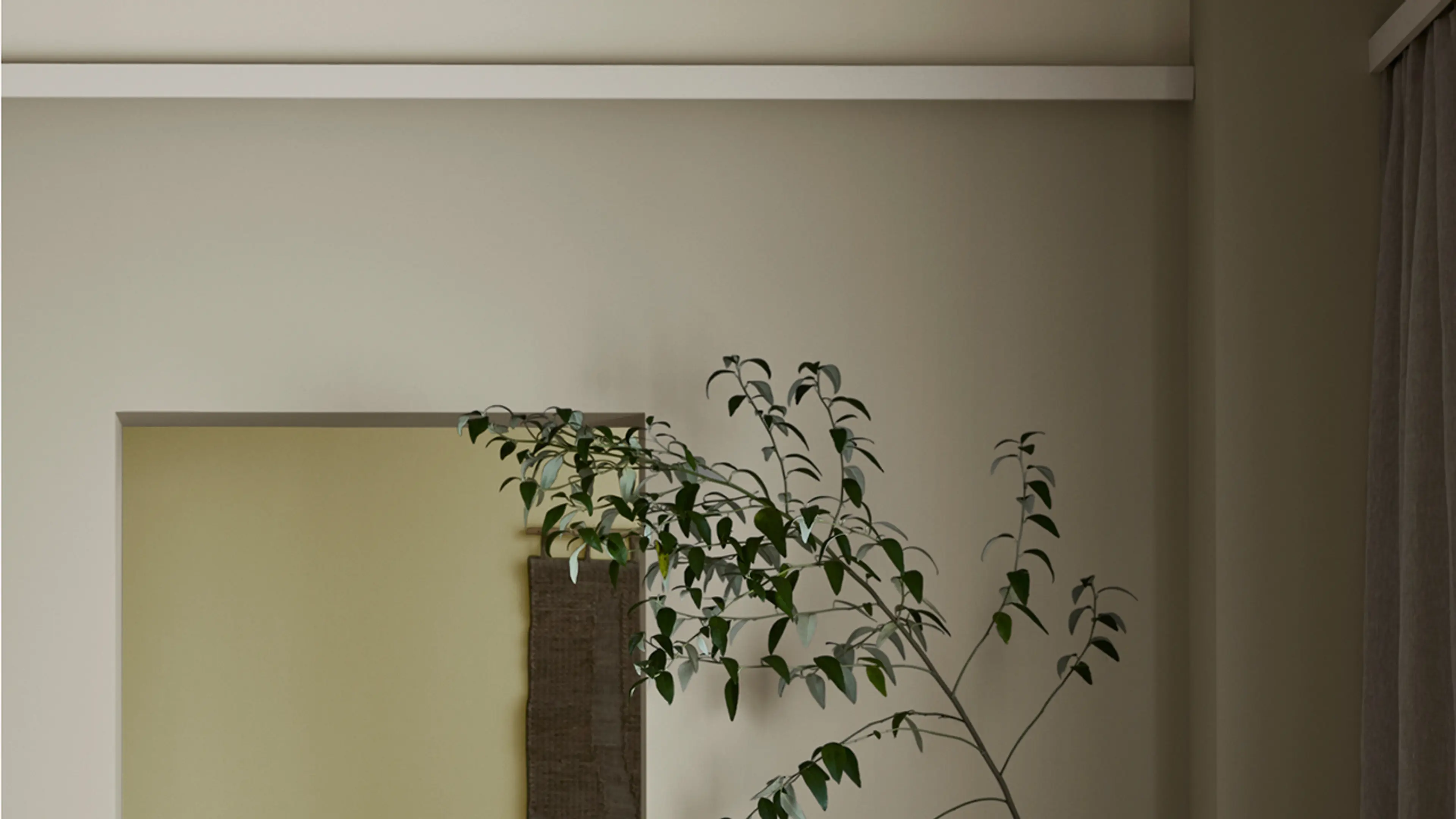 Vegger malt i 12290 Antwerp Beige, 12075 Soothing Beige og 8583 Earthy Yellow, 0288 Mexico og listverk i 1376 Mist fra Jotuns nye fargekart CANVAS.