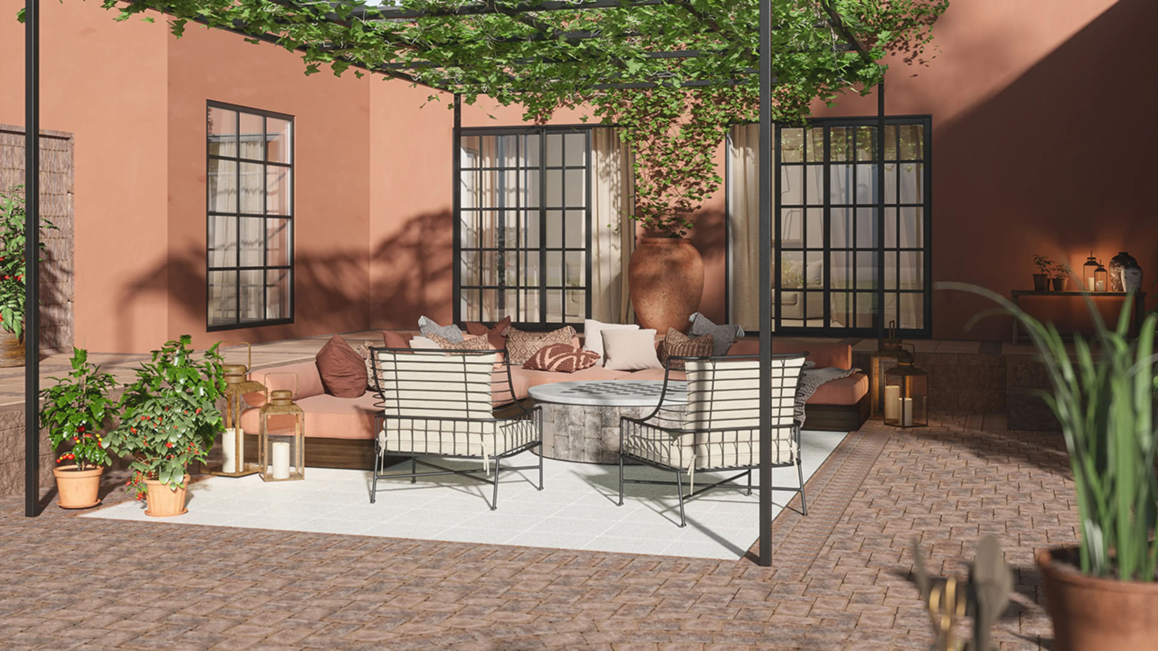 Stor uteplass med belegningsstein.